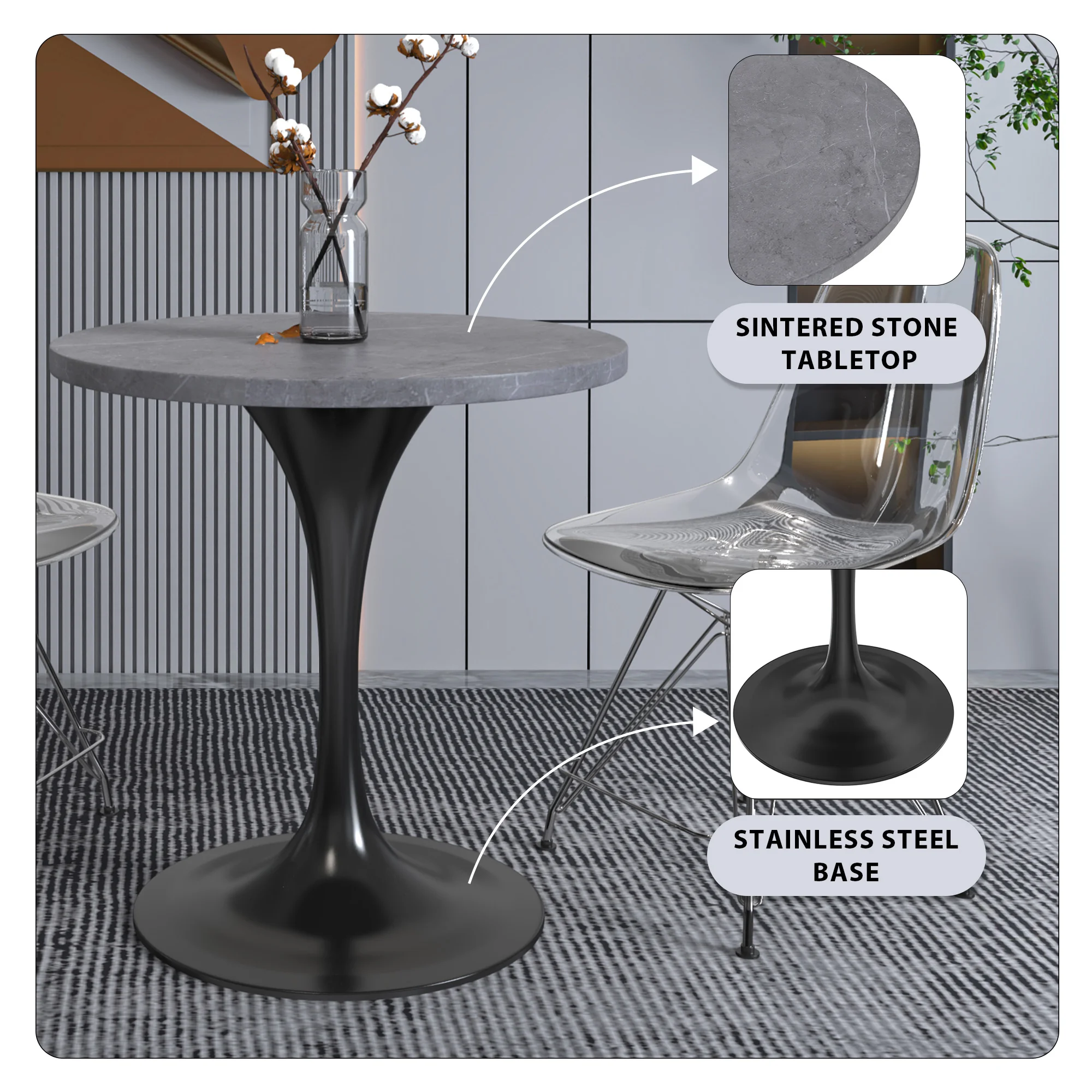 Verve Collection 27 Round Dining Table, Black Base with Sintered Stone Grey Top