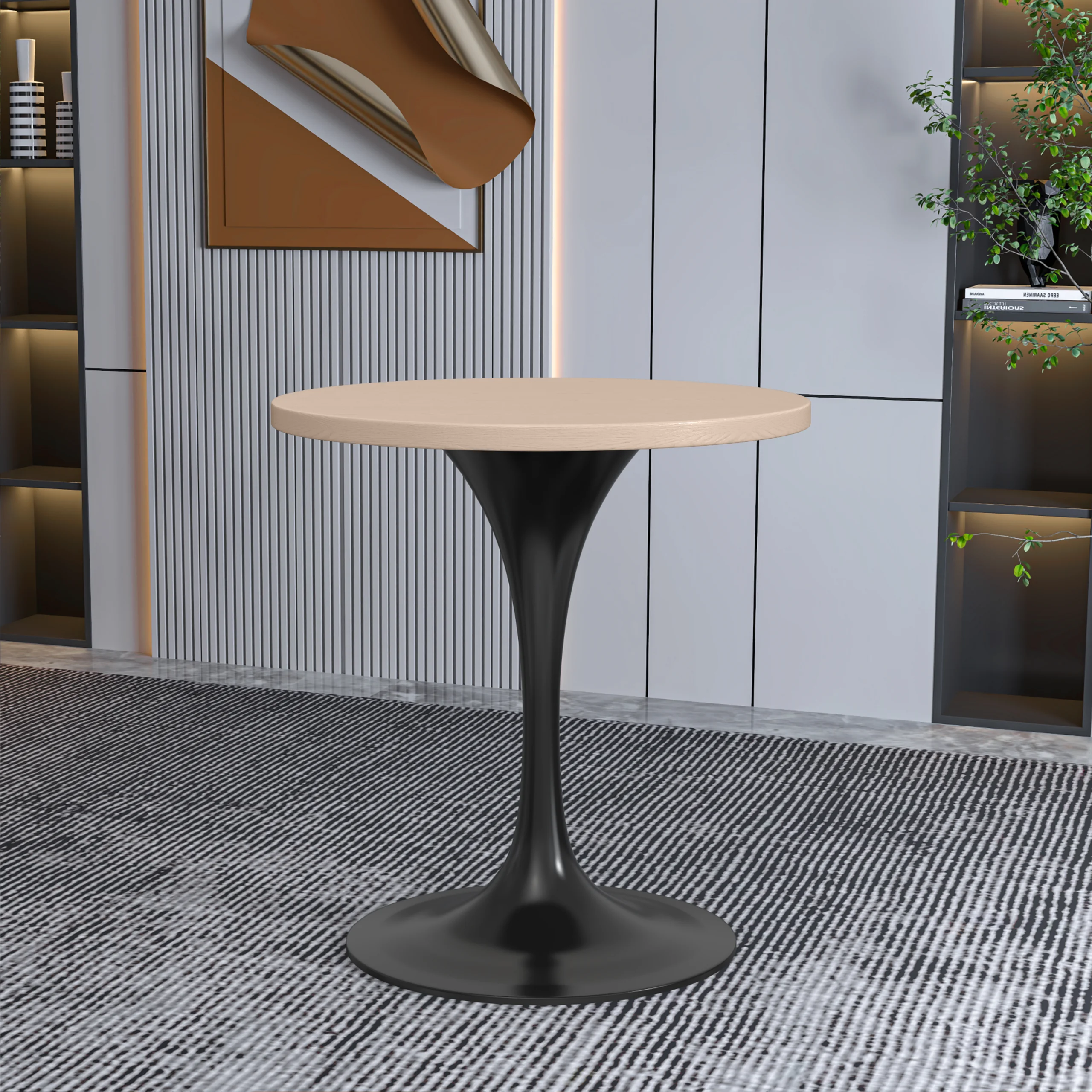 Verve Collection 27 Round Dining Table, Black Base with Light Natural Wood MDF Top