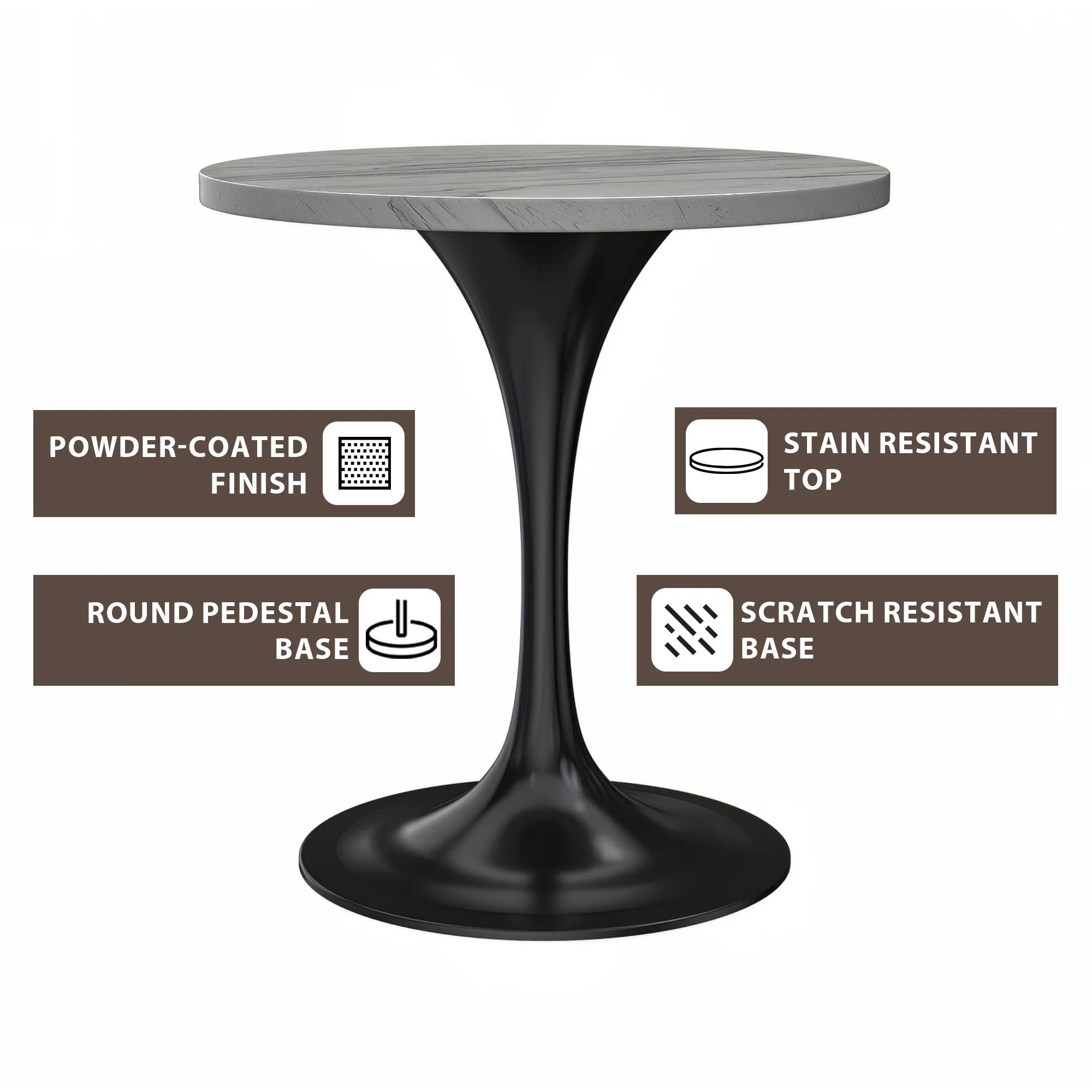 Verve Collection 27" Round Dining Table, Black Base with Laminated White Marbleized Top