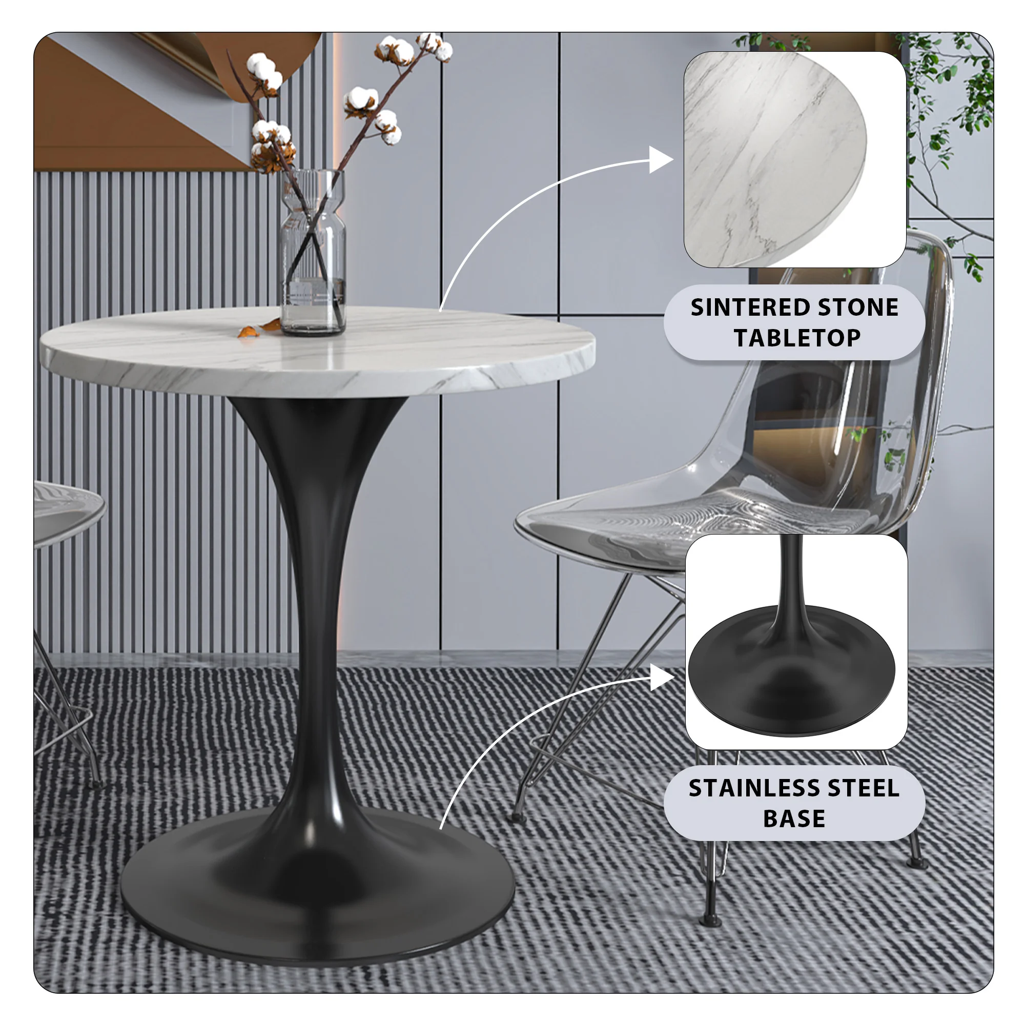 Verve Collection 27 Round Dining Table, Black Base with Sintered Stone White Top