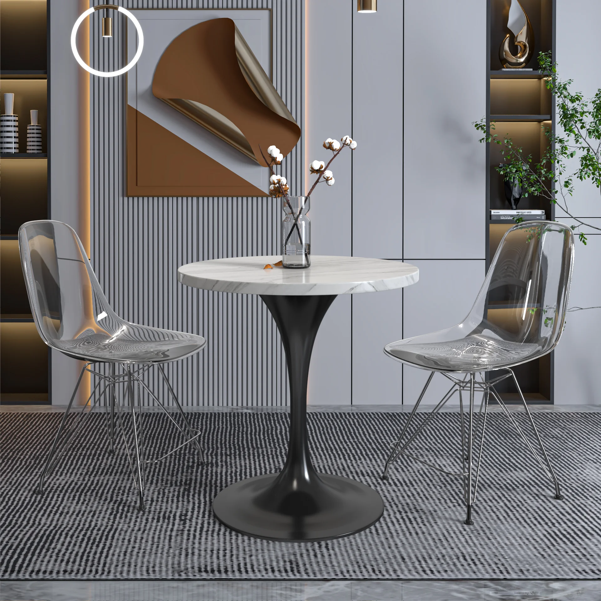 Verve Collection 27 Round Dining Table, Black Base with Sintered Stone White Top