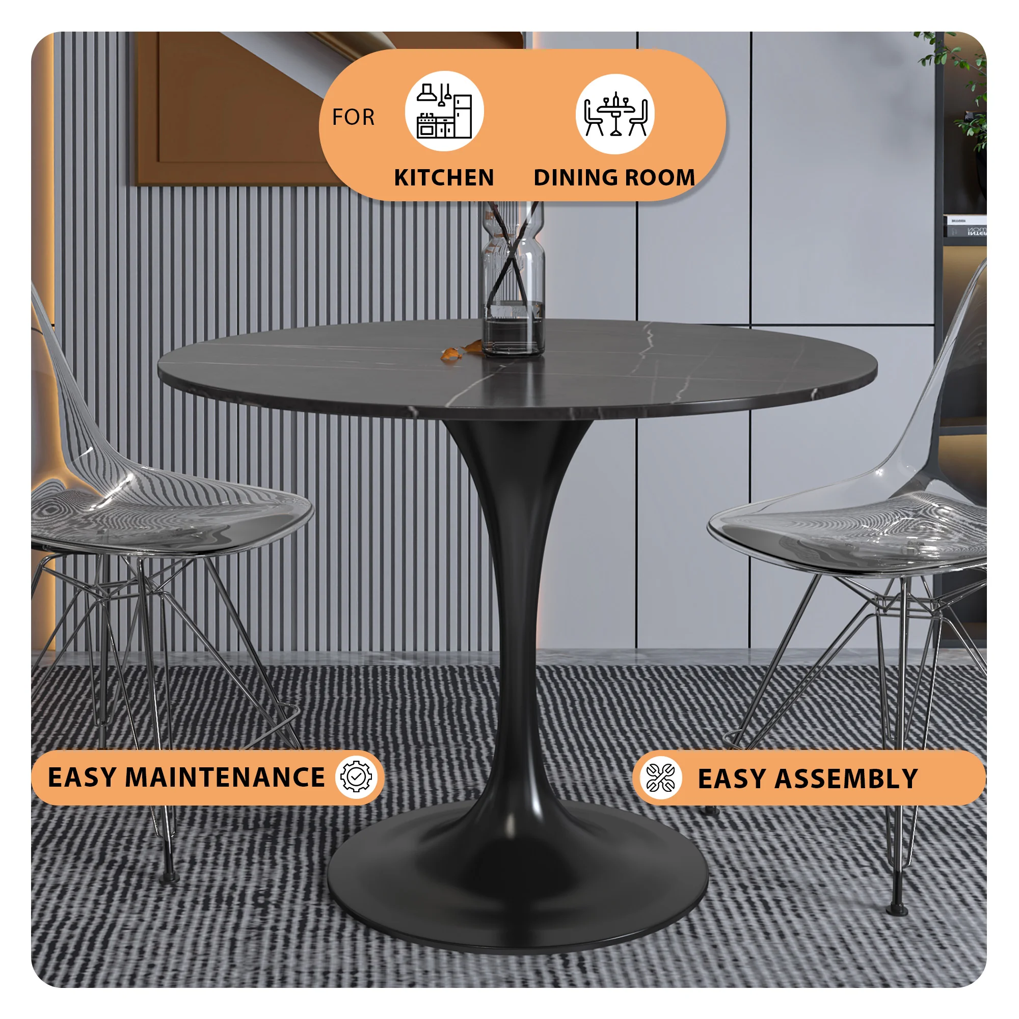 Verve Collection 36 Round Dining Table, Black Base with Sintered Stone Black Top