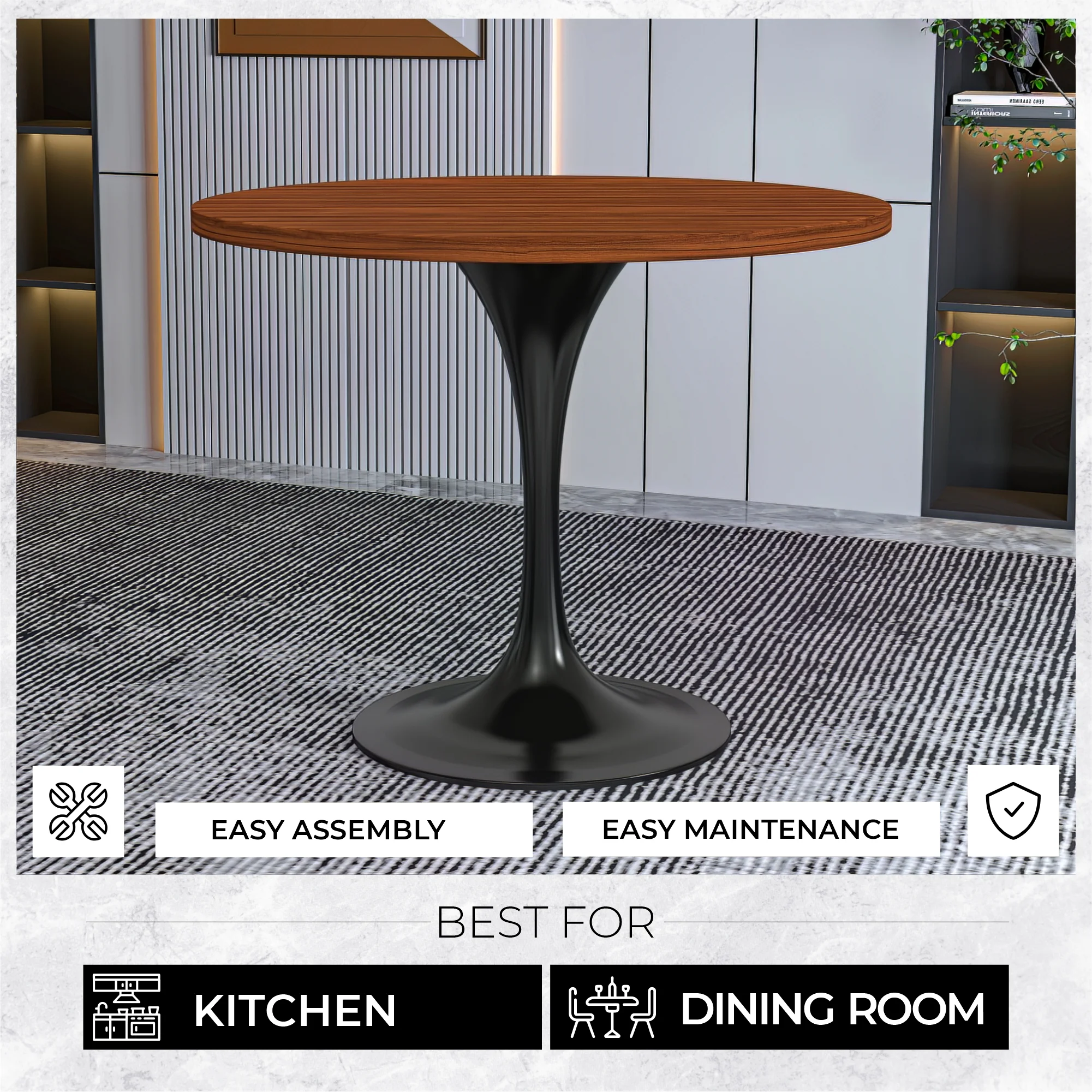 Verve Collection 36 Round Dining Table, Black Base with Cognac Brown MDF Top