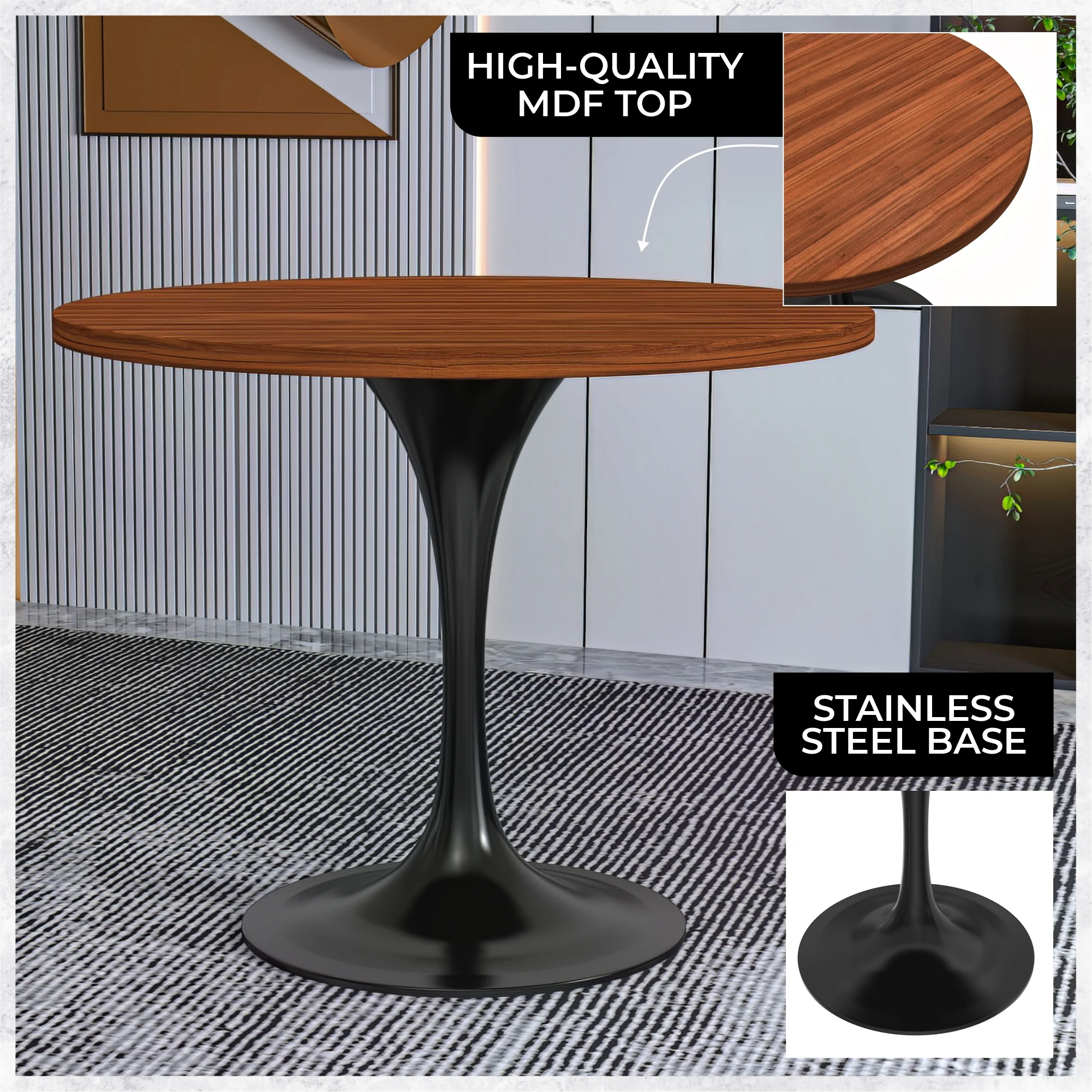 Verve Collection 36 Round Dining Table, Black Base with Cognac Brown MDF Top