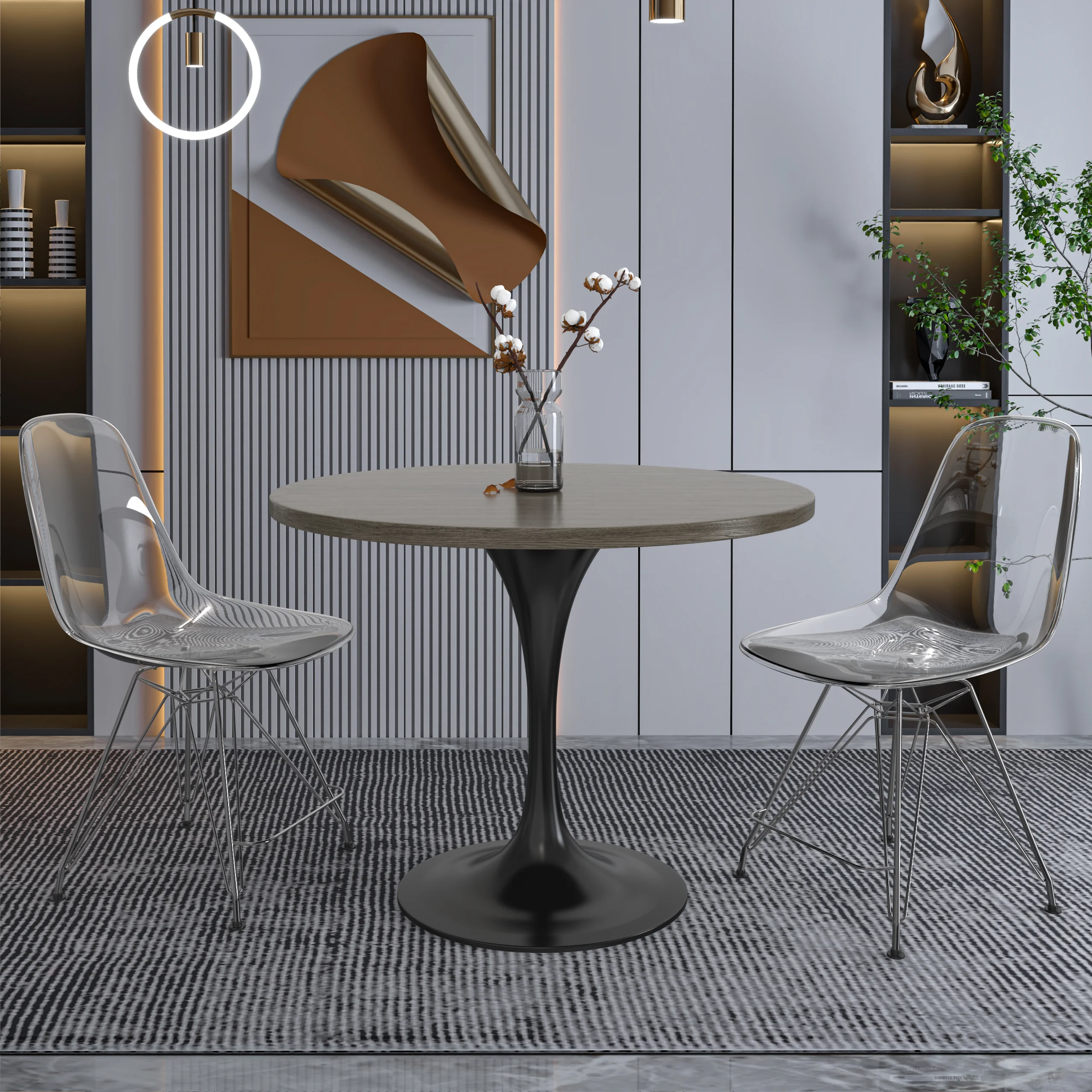 Verve Collection 36 Round Dining Table, Black Base with Dark Maple MDF Top