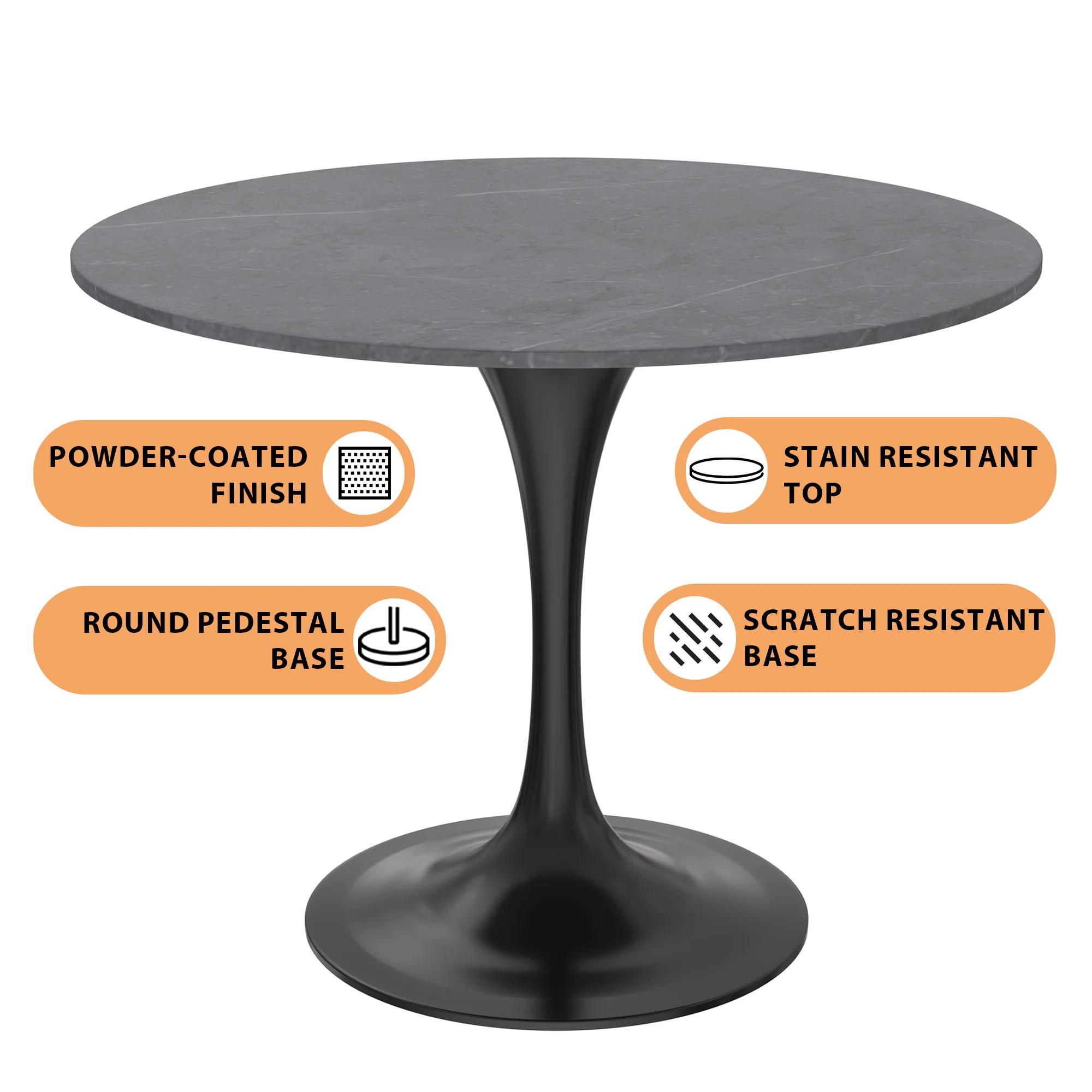 Verve Collection 36 Round Dining Table, Black Base with Sintered Stone Grey Top