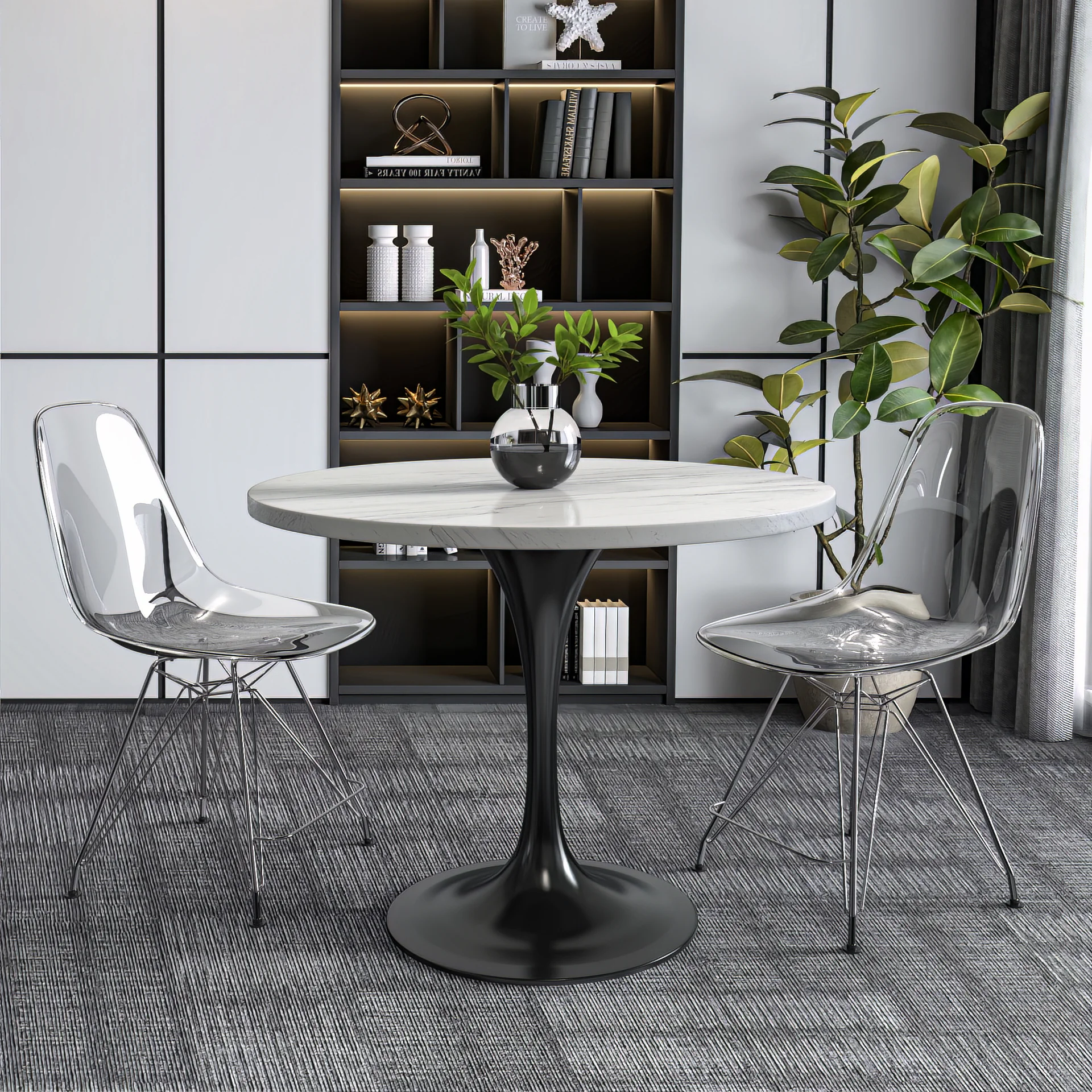 Verve Collection 36" Round Dining Table, Black Base with Laminated White Marbleized Top