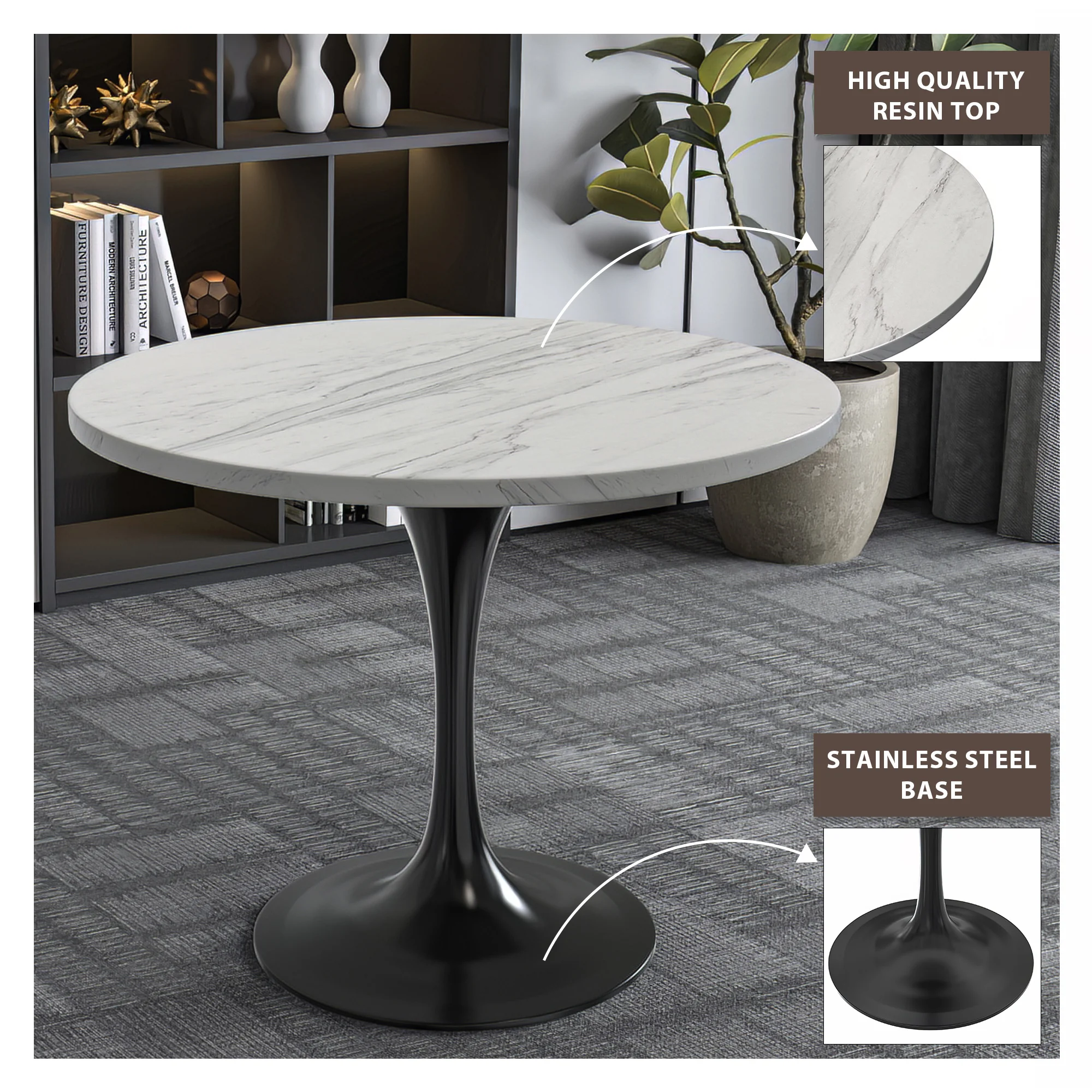 Verve Collection 36" Round Dining Table, Black Base with Laminated White Marbleized Top