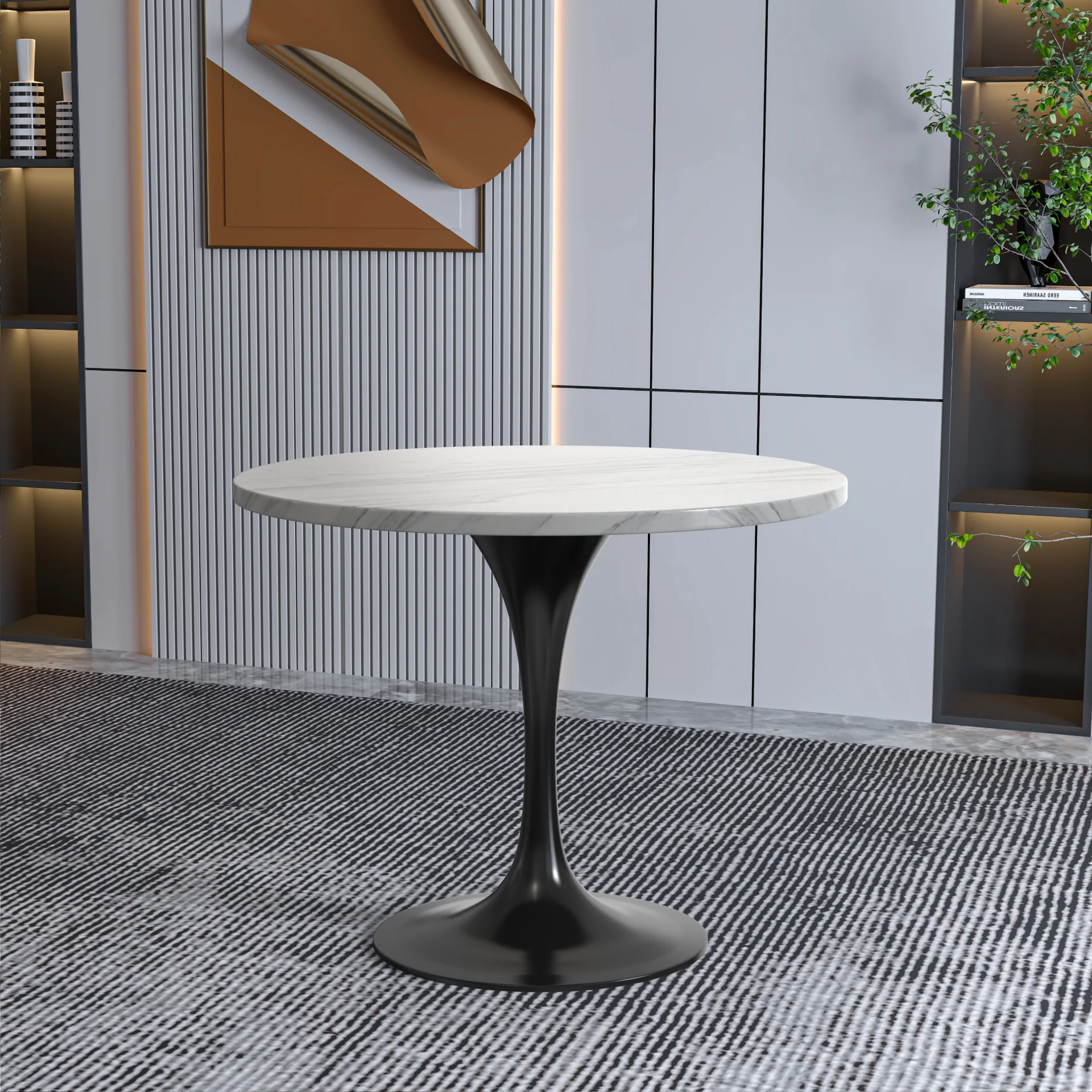 Verve Collection 36 Round Dining Table, Black Base with Sintered Stone White Top
