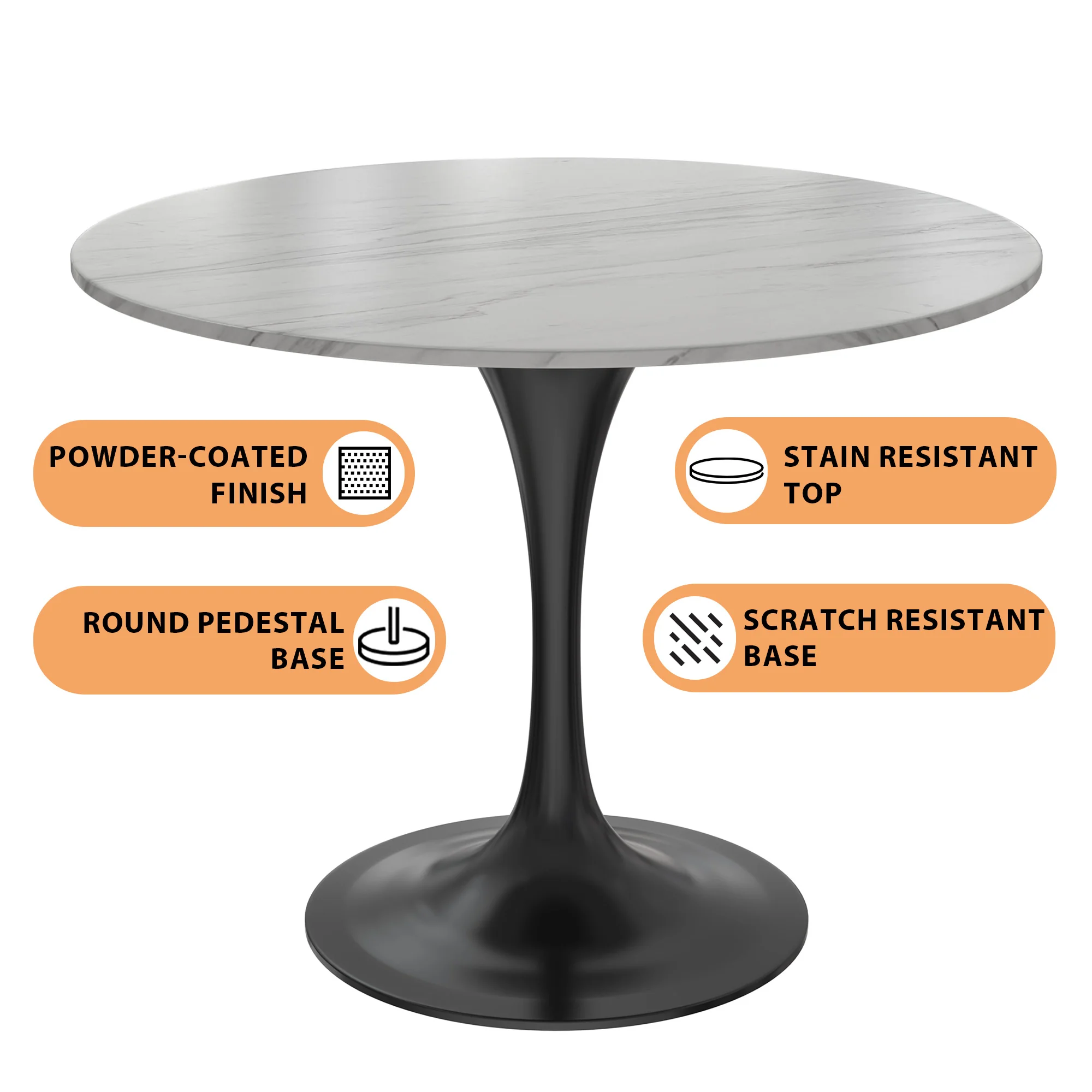 Verve Collection 36 Round Dining Table, Black Base with Sintered Stone White Top