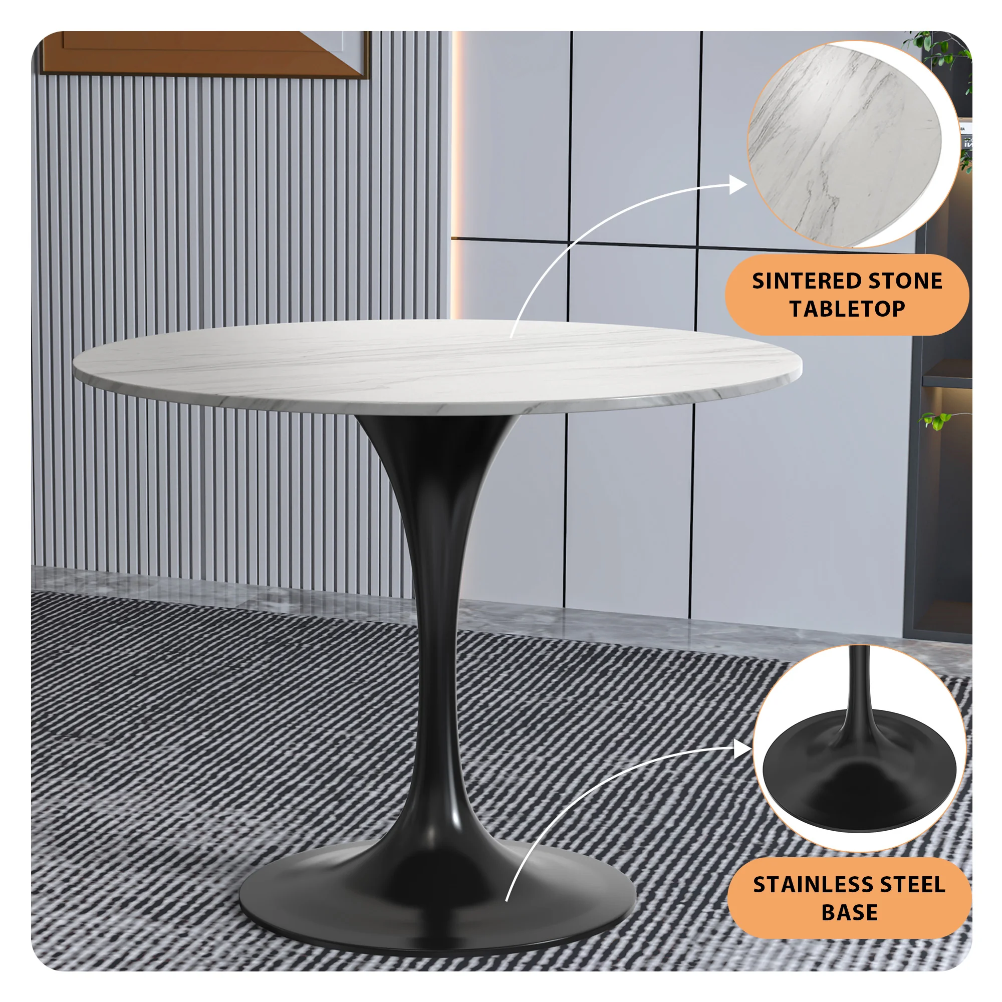 Verve Collection 36 Round Dining Table, Black Base with Sintered Stone White Top