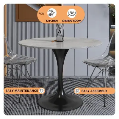 Verve Collection 36 Round Dining Table, Black Base with Sintered Stone White Top