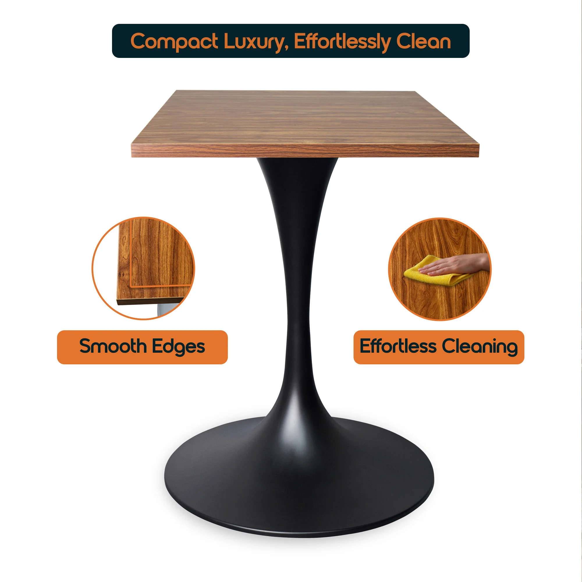 Verve Collection 24 Square Dining Table, Black Base with Cognac Brown MDF Top