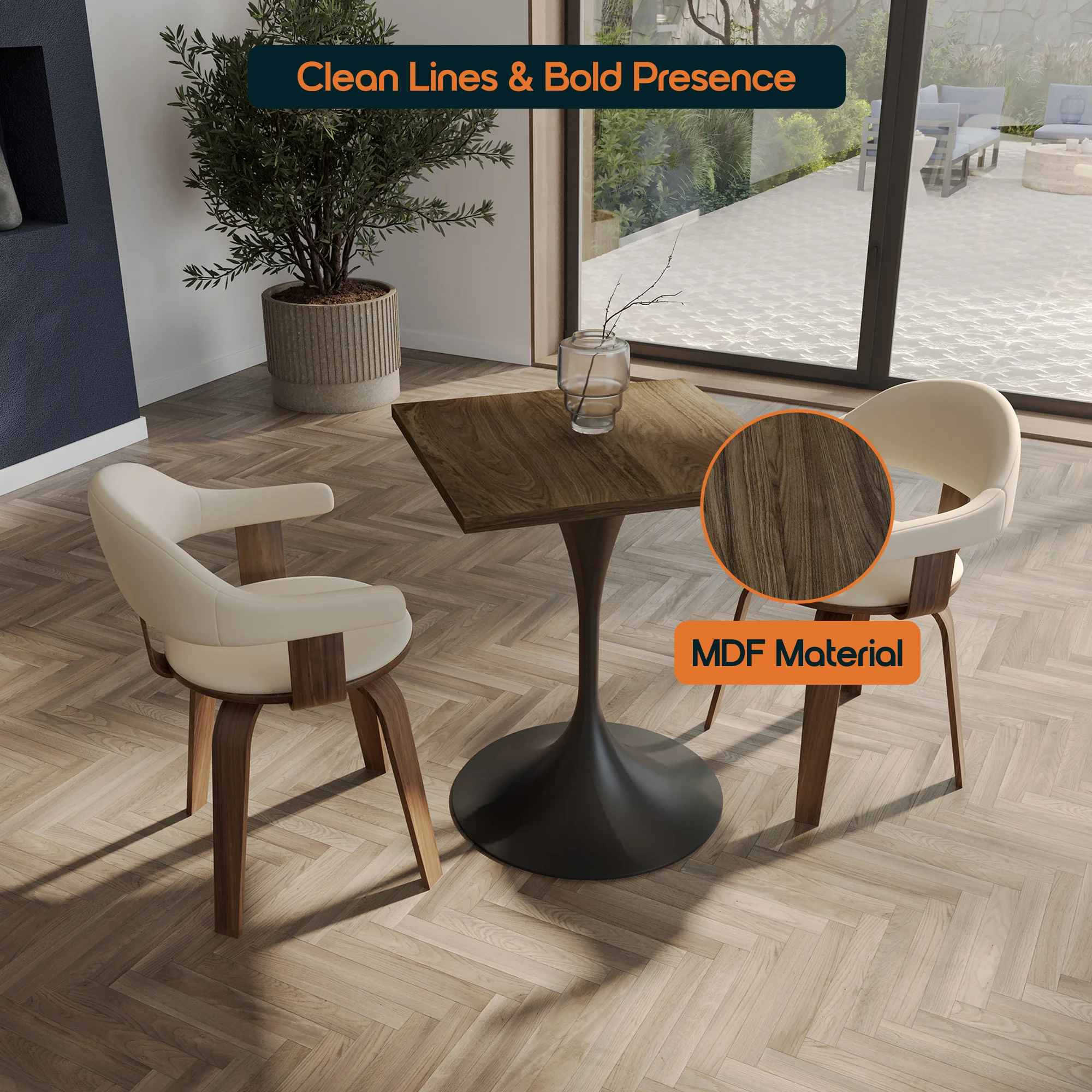 Verve Collection 24 Square Dining Table, Black Base with Dark Maple MDF Top