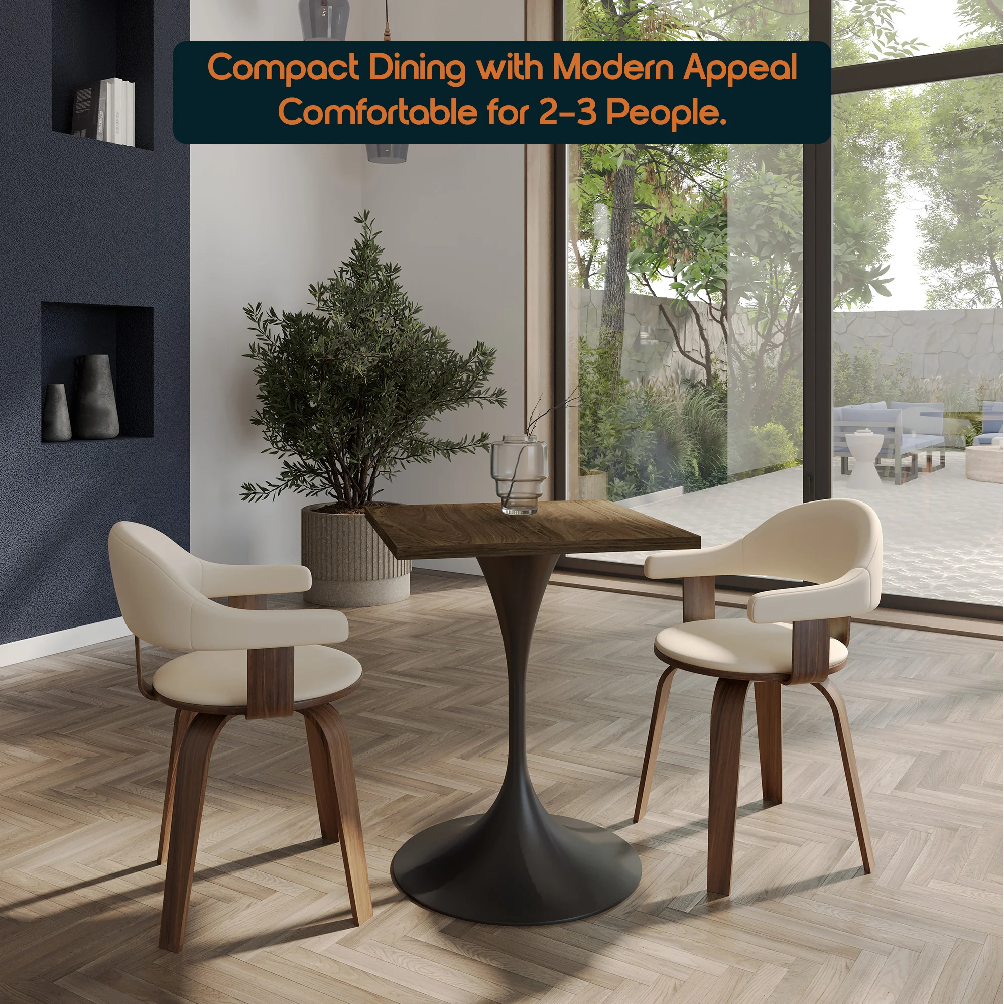 Verve Collection 24 Square Dining Table, Black Base with Dark Maple MDF Top