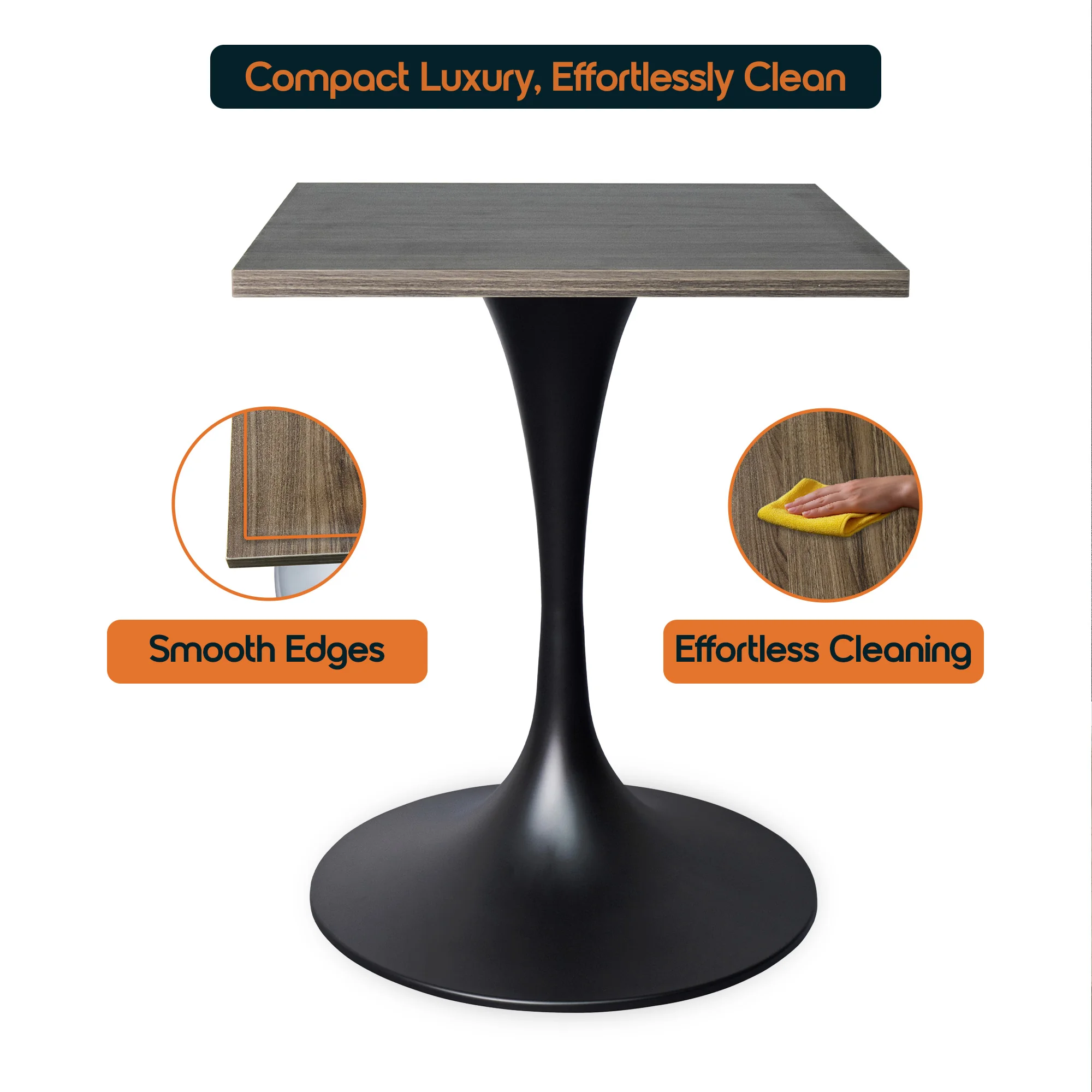 Verve Collection 24 Square Dining Table, Black Base with Dark Maple MDF Top