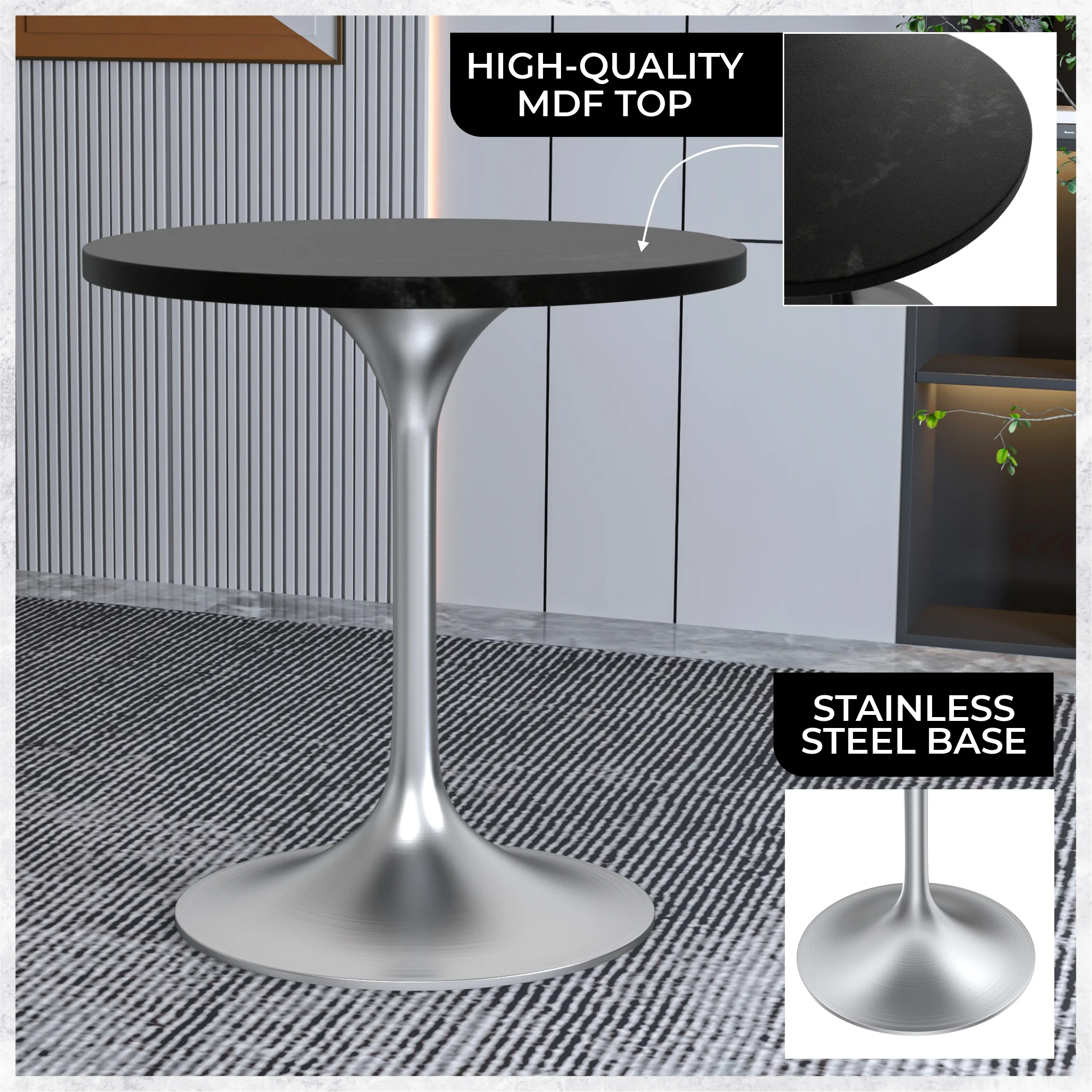 Verve Collection 27" Round Dining Table, Brushed Chrome Base with Black MDF Top
