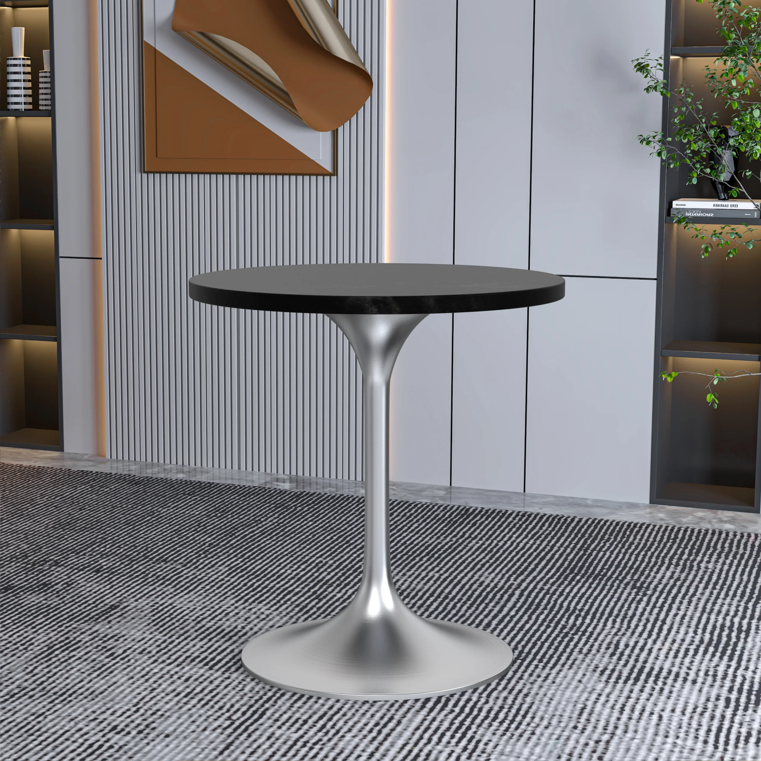 Verve Collection 27" Round Dining Table, Brushed Chrome Base with Black MDF Top