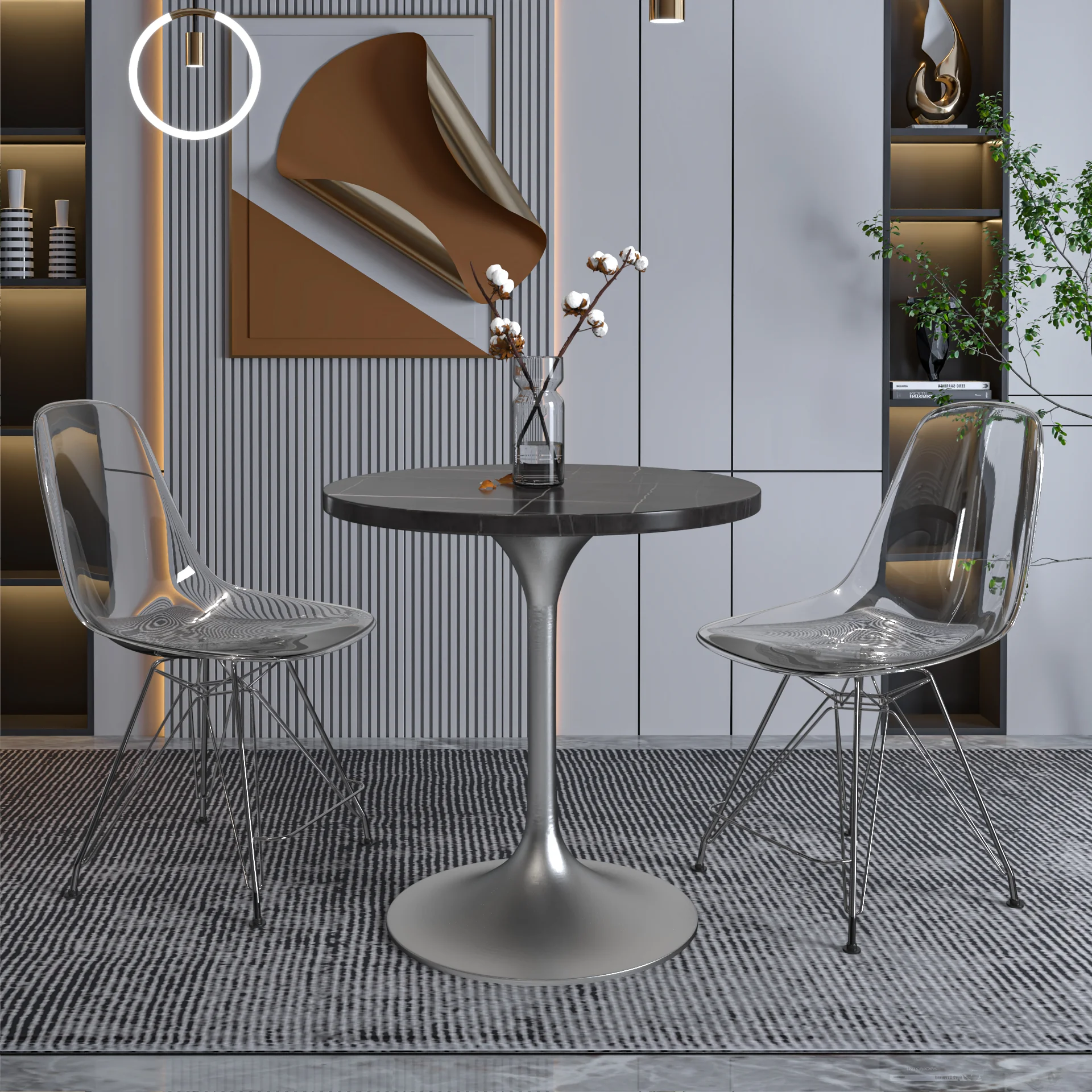 Verve Collection 27 Round Dining Table, Brushed Chrome Base with Sintered Stone Black Top