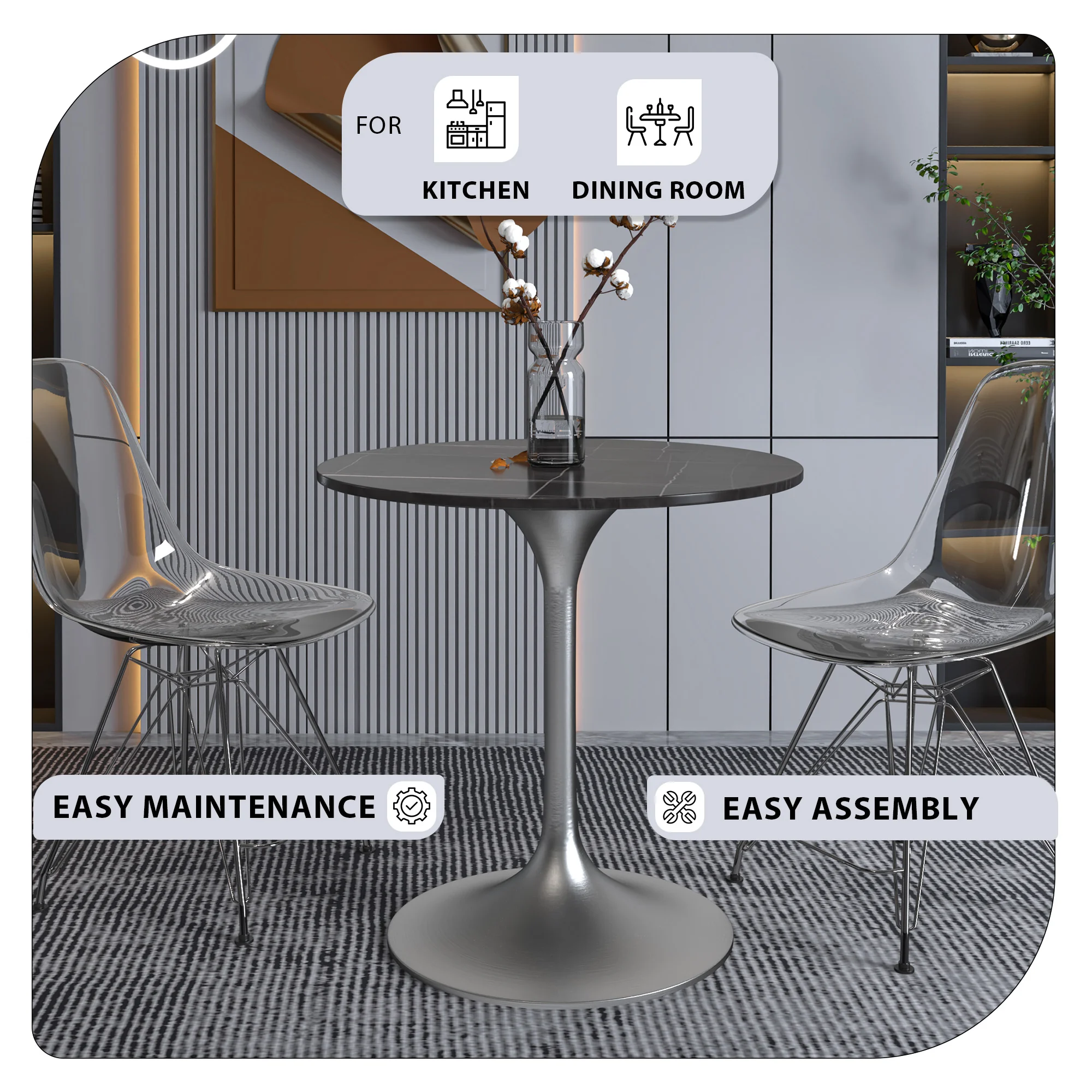 Verve Collection 27 Round Dining Table, Brushed Chrome Base with Sintered Stone Black Top