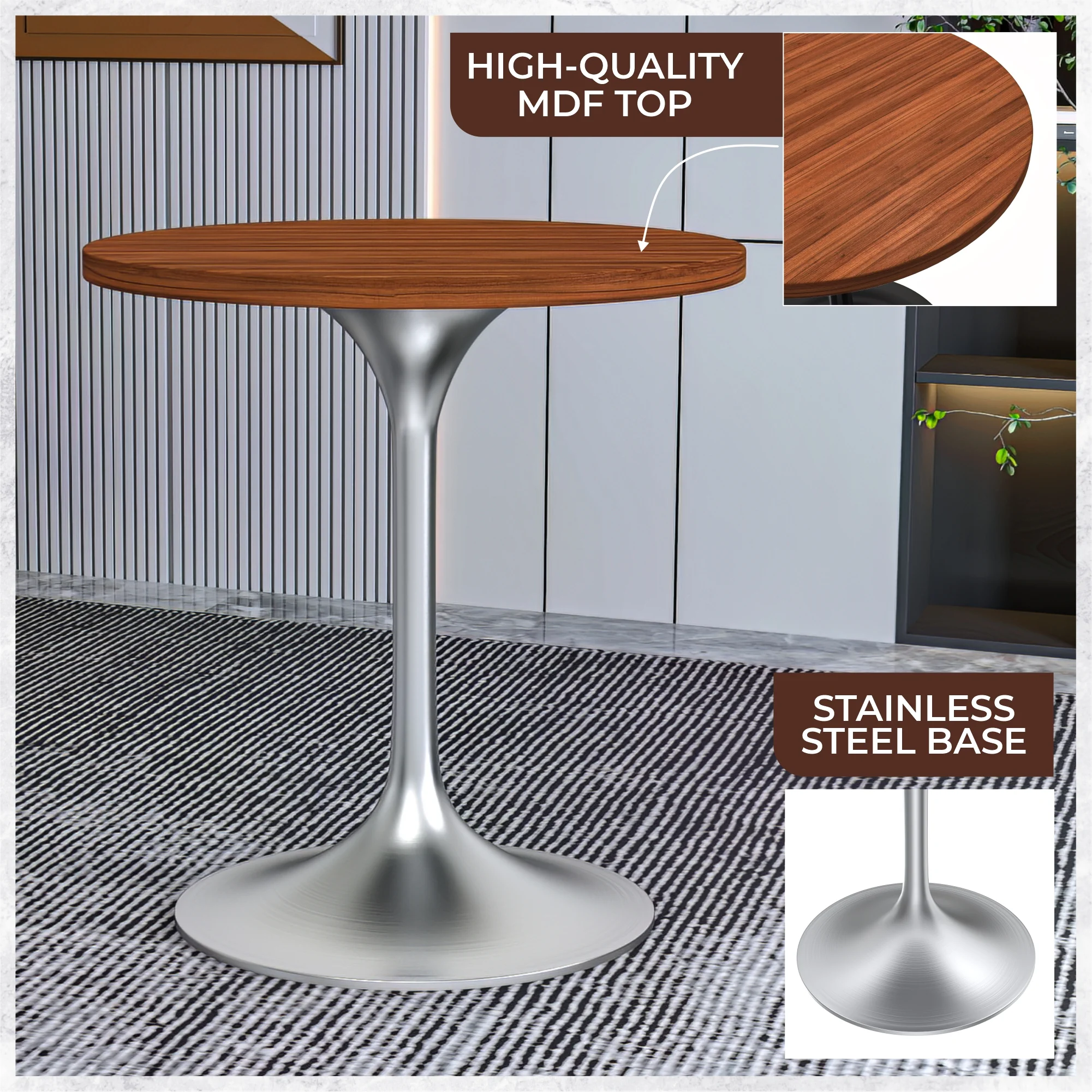 Verve Collection 27" Round Dining Table, Brushed Chrome Base with Cognac Brown MDF Top