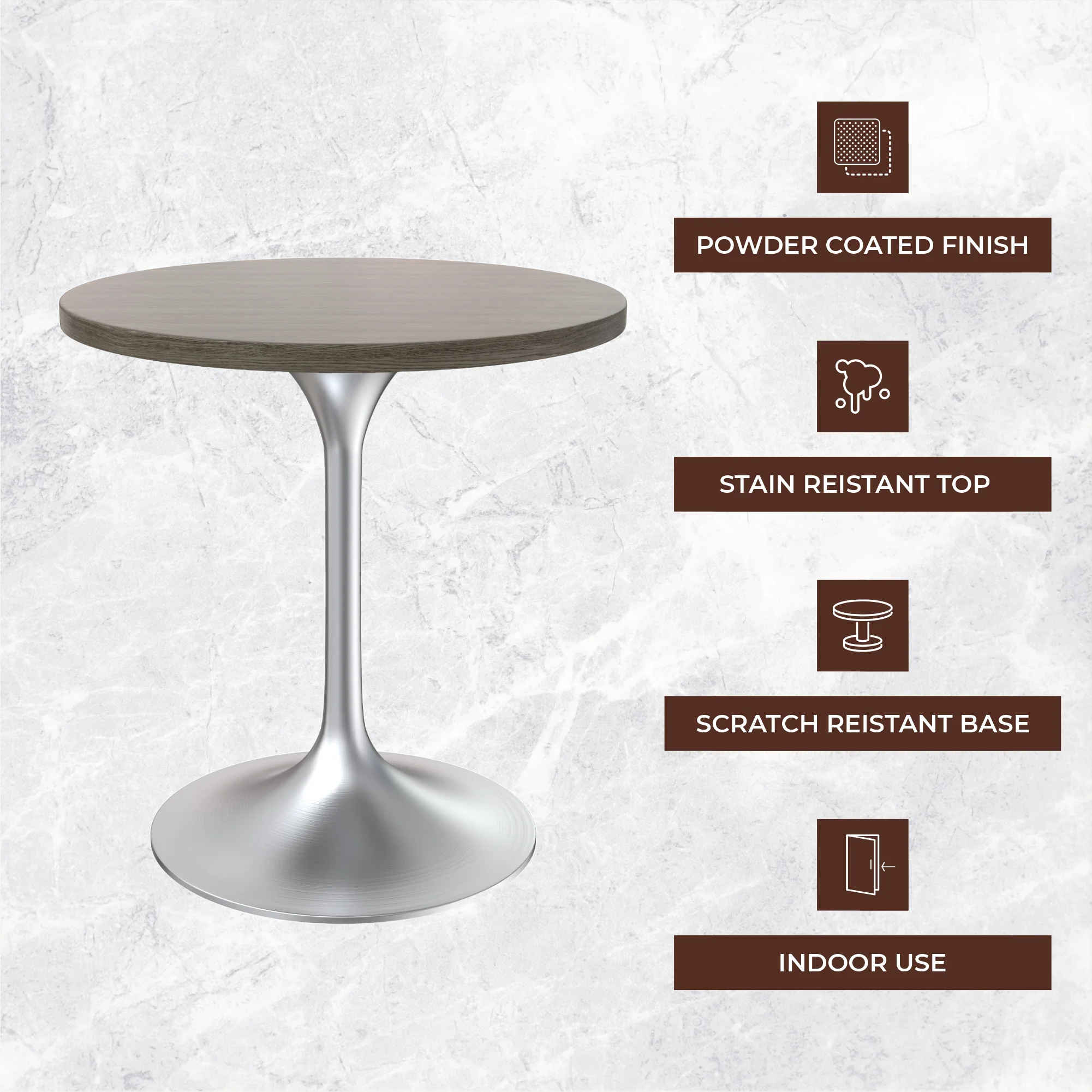 Verve Collection 27" Round Dining Table, Brushed Chrome Base with Dark Maple MDF Top