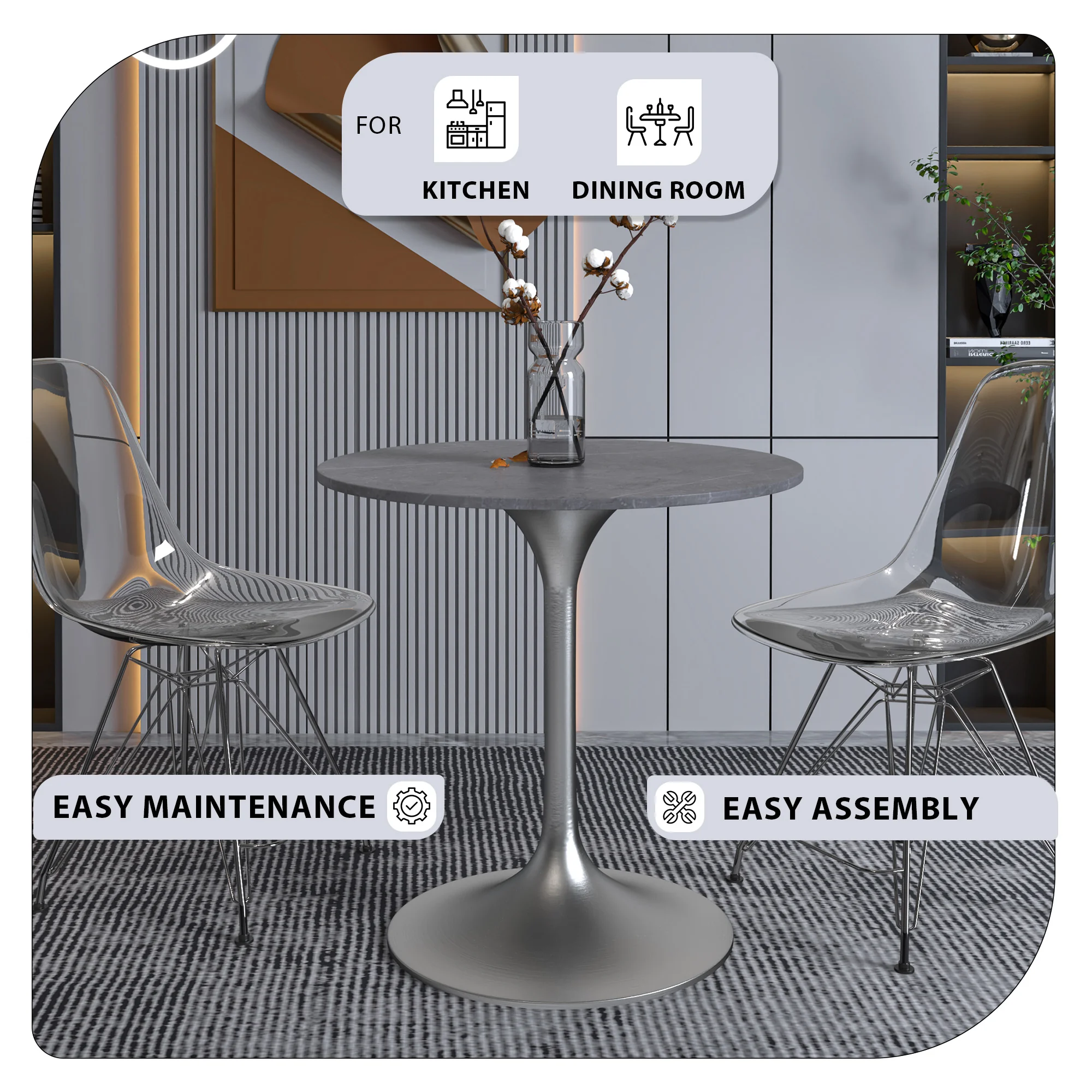 Verve Collection 27 Round Dining Table, Brushed Chrome Base with Sintered Stone Grey Top