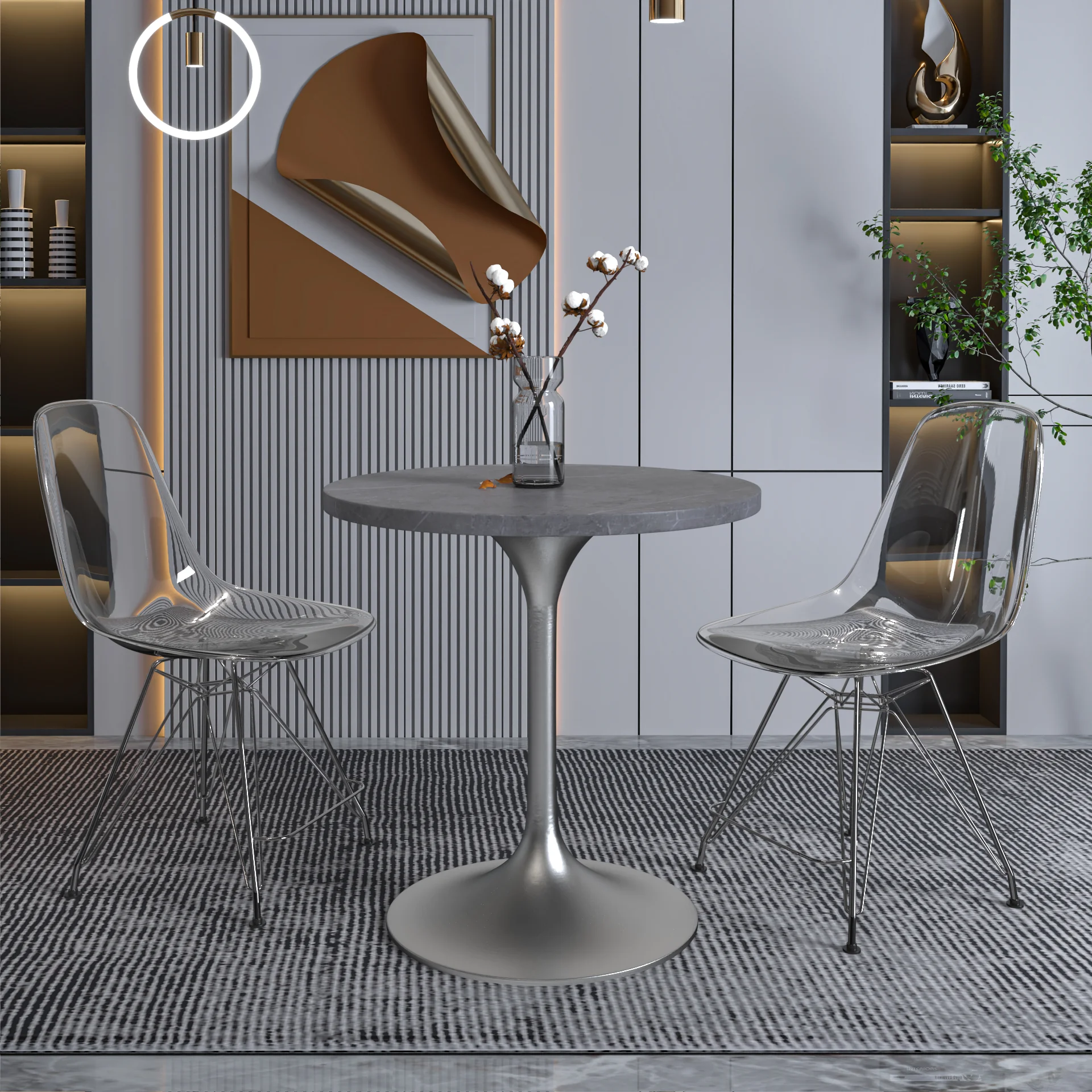 Verve Collection 27 Round Dining Table, Brushed Chrome Base with Sintered Stone Grey Top