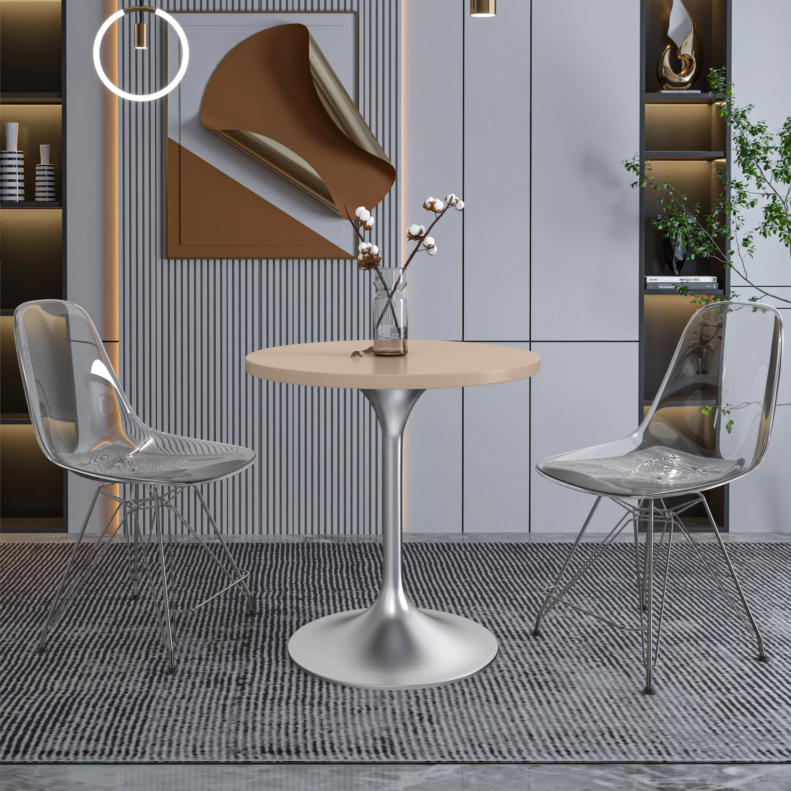 Verve Collection 27" Round Dining Table, Brushed Chrome Base with Light Natural Wood MDF Top