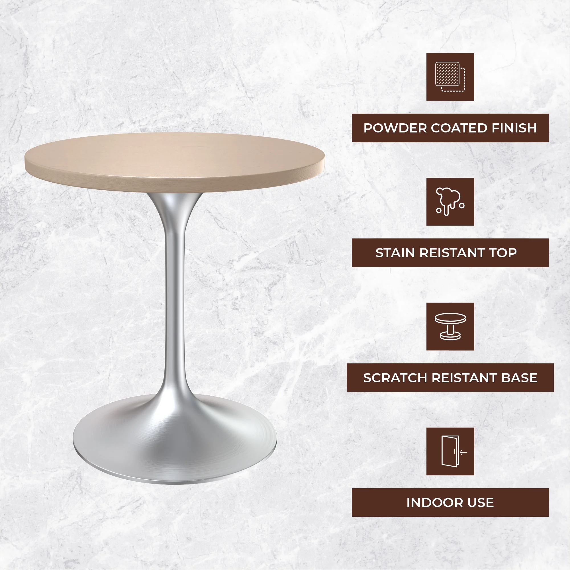 Verve Collection 27" Round Dining Table, Brushed Chrome Base with Light Natural Wood MDF Top