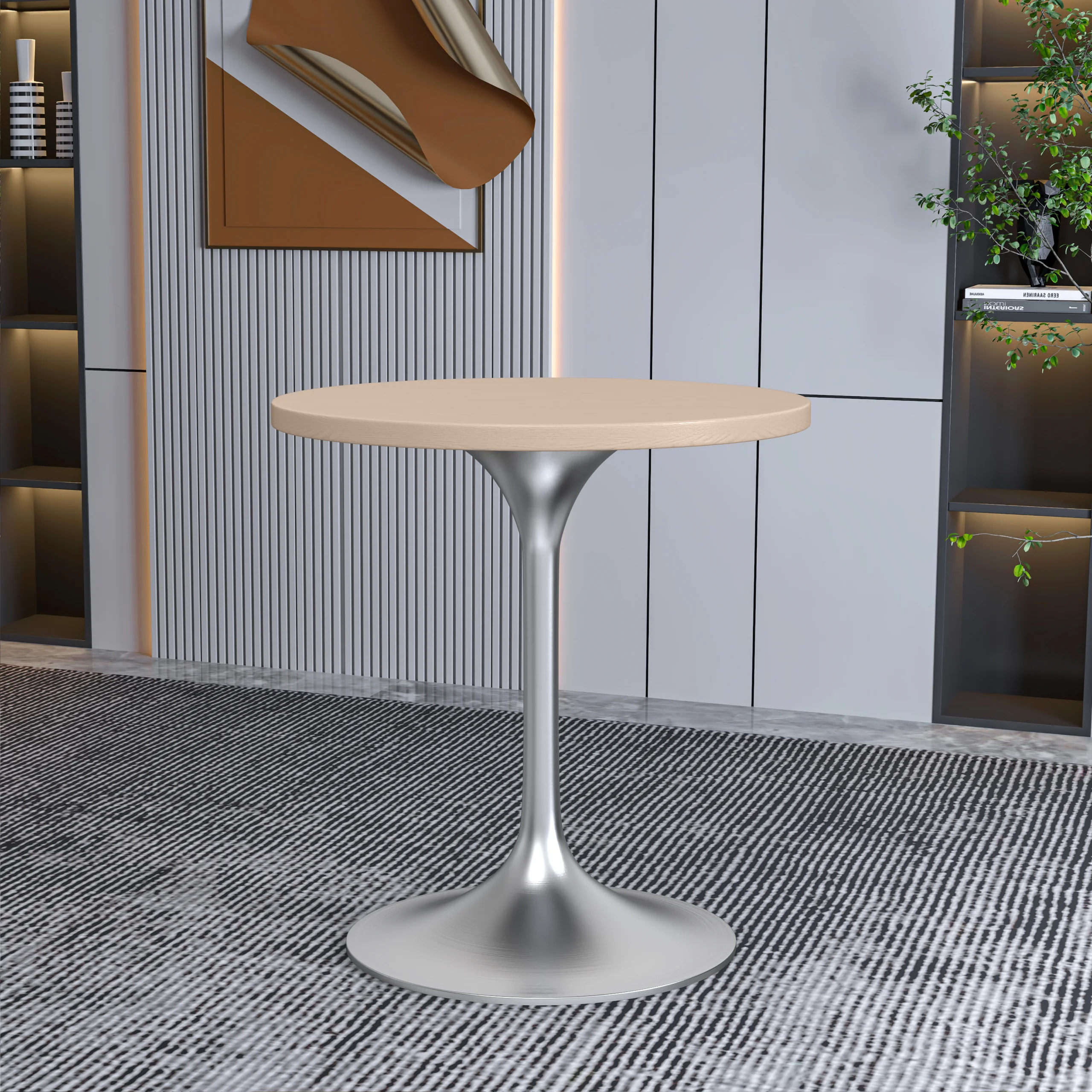 Verve Collection 27" Round Dining Table, Brushed Chrome Base with Light Natural Wood MDF Top