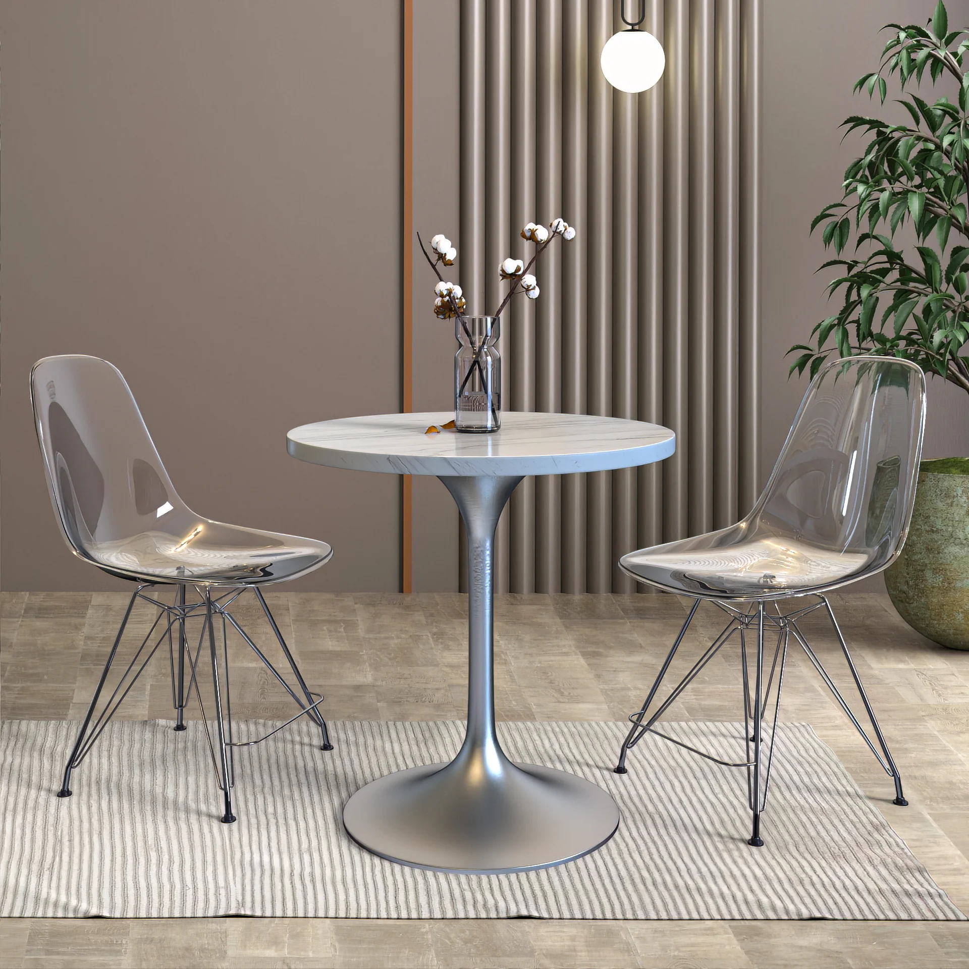 Verve Collection 27 Round Dining Table, Brushed Gold Base with Laminated White Marbleized Top