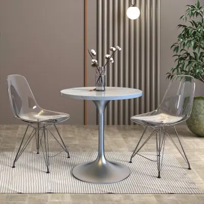 Verve Collection 27 Round Dining Table, Brushed Gold Base with Laminated White Marbleized Top