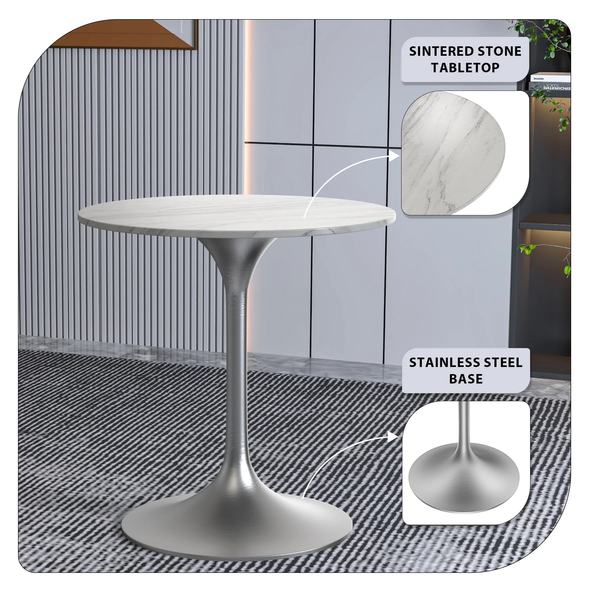 Verve Collection 27 Round Dining Table, Brushed Chrome Base with Sintered Stone White Top