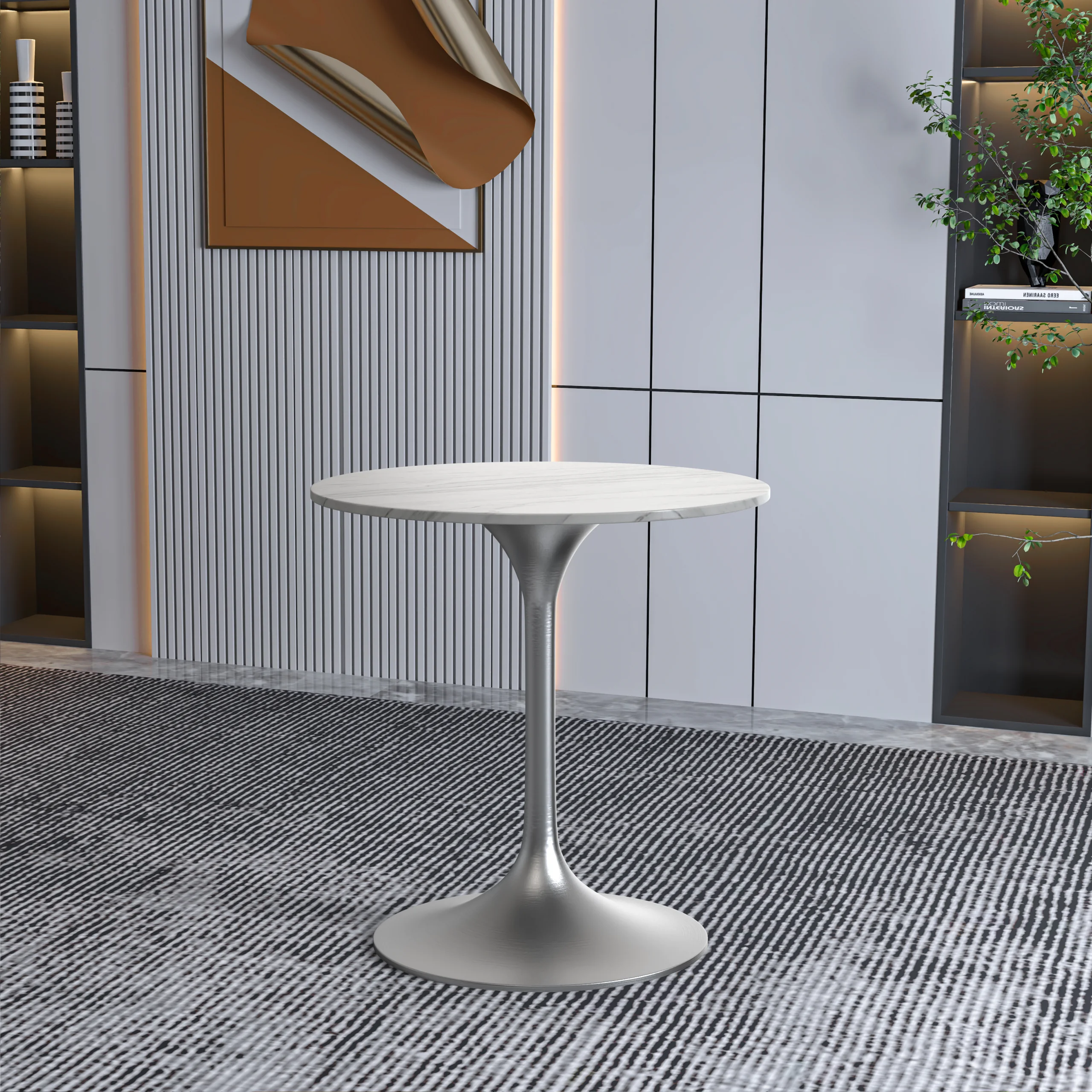 Verve Collection 27 Round Dining Table, Brushed Chrome Base with Sintered Stone White Top
