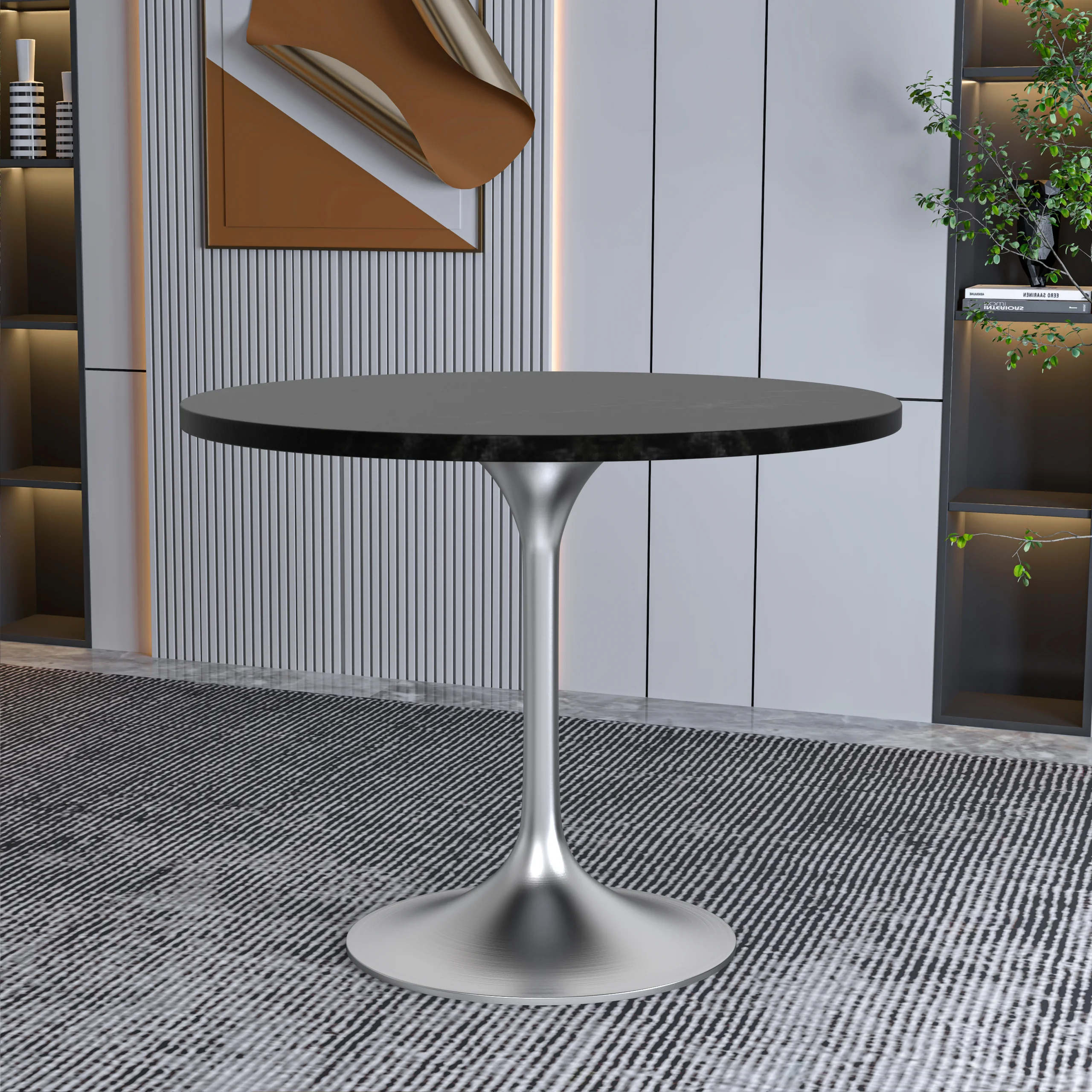 Verve Collection 36" Round Dining Table, Brushed Chrome Base with Black MDF Top