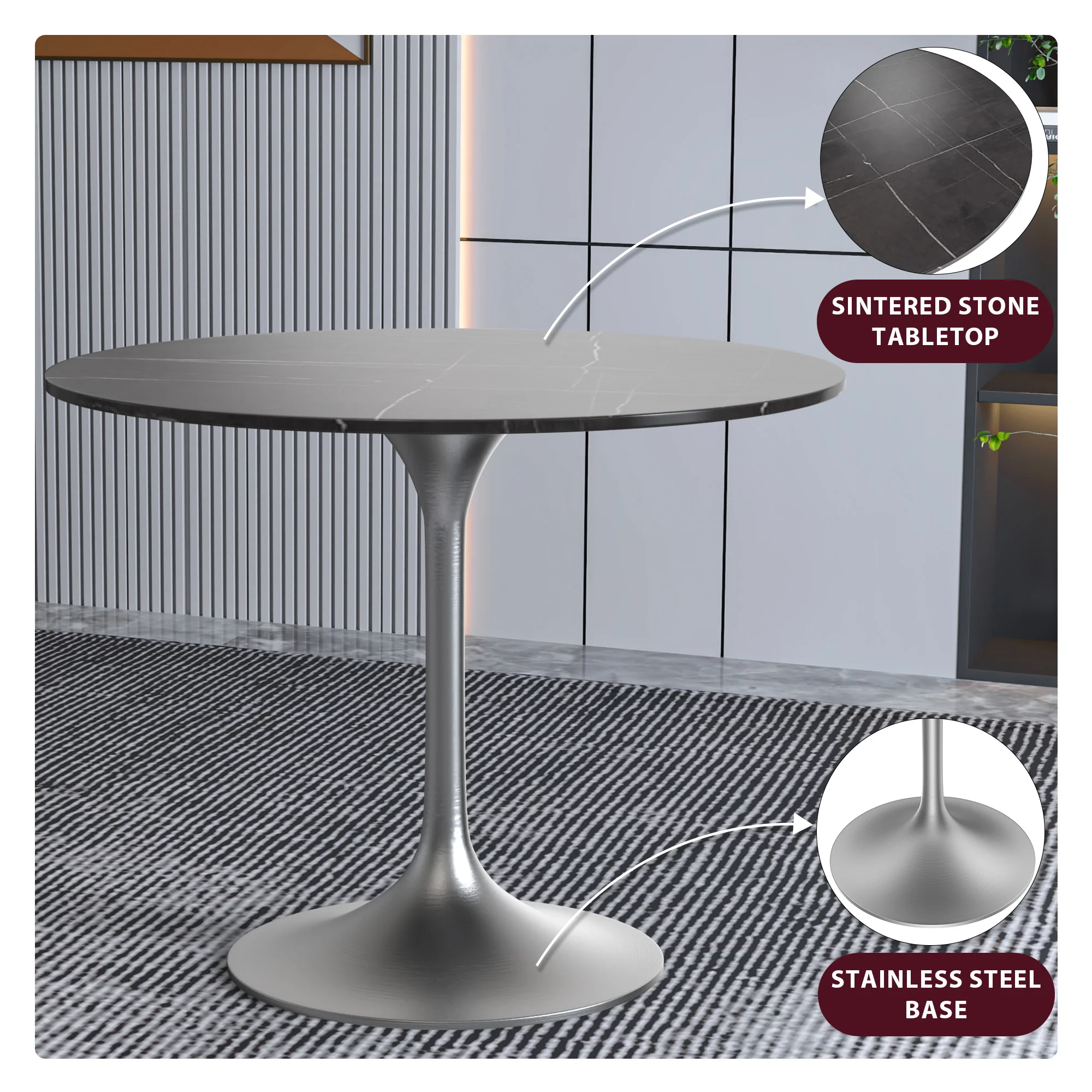 Verve Collection 36" Round Dining Table, Brushed Chrome Base with Sintered Stone Black Top