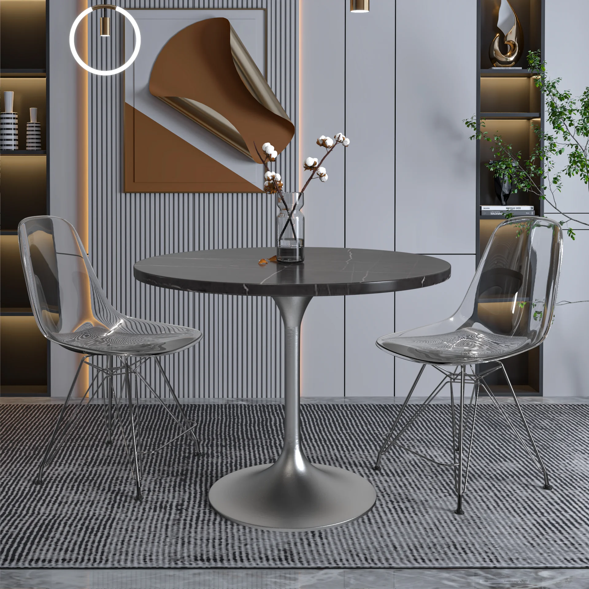 Verve Collection 36" Round Dining Table, Brushed Chrome Base with Sintered Stone Black Top