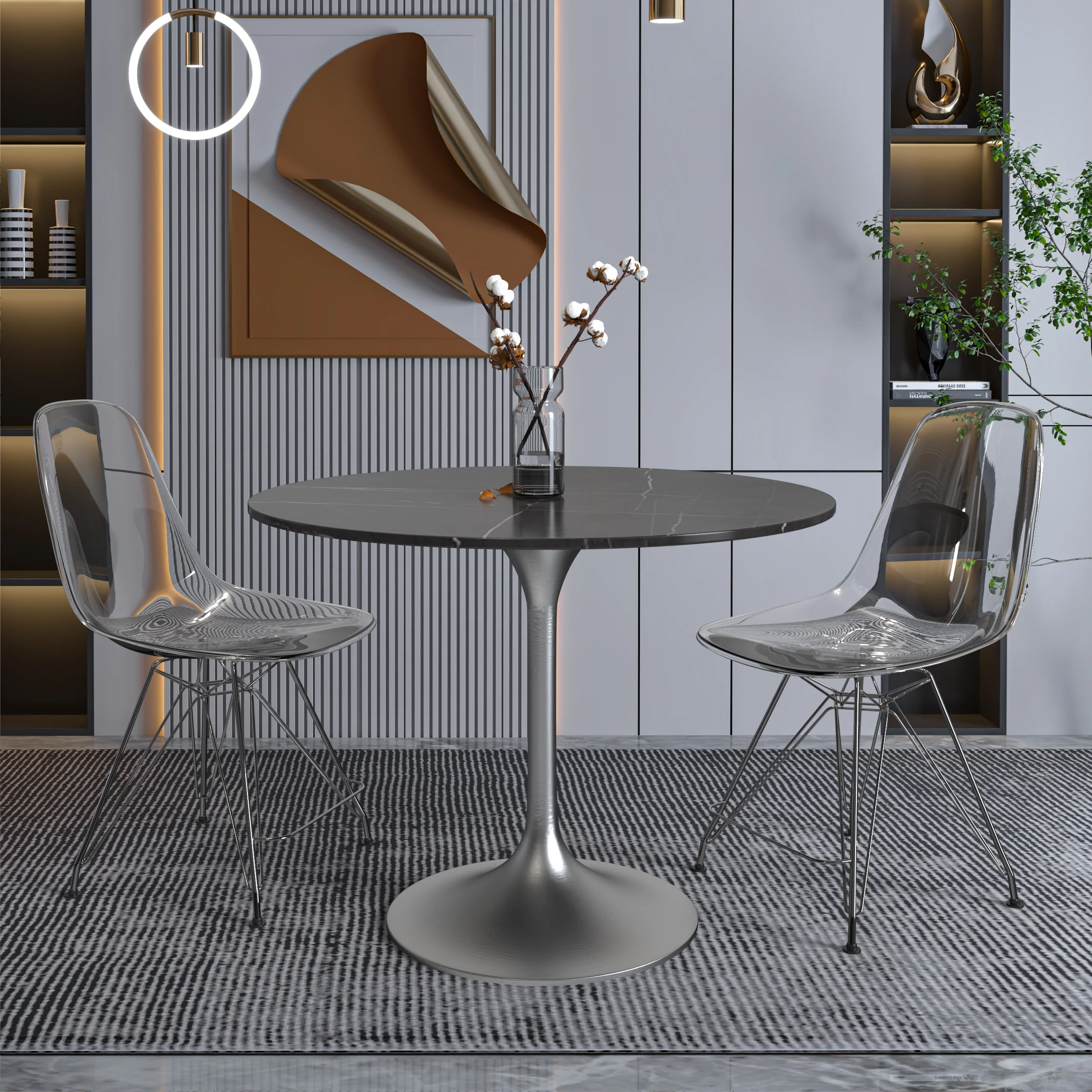 Verve Collection 36" Round Dining Table, Brushed Chrome Base with Sintered Stone Black Top