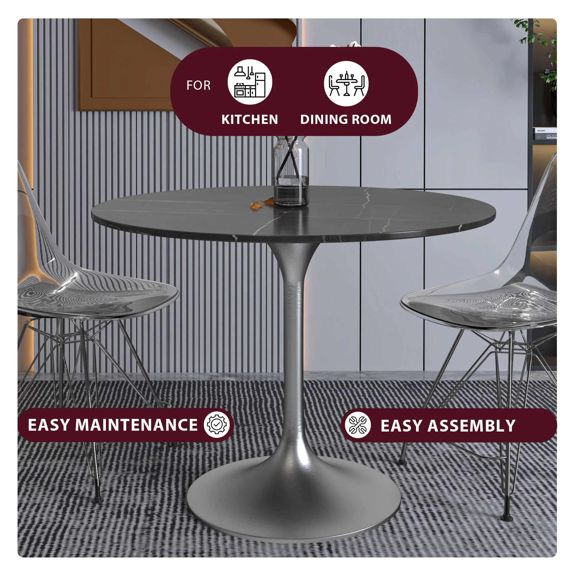 Verve Collection 36" Round Dining Table, Brushed Chrome Base with Sintered Stone Black Top