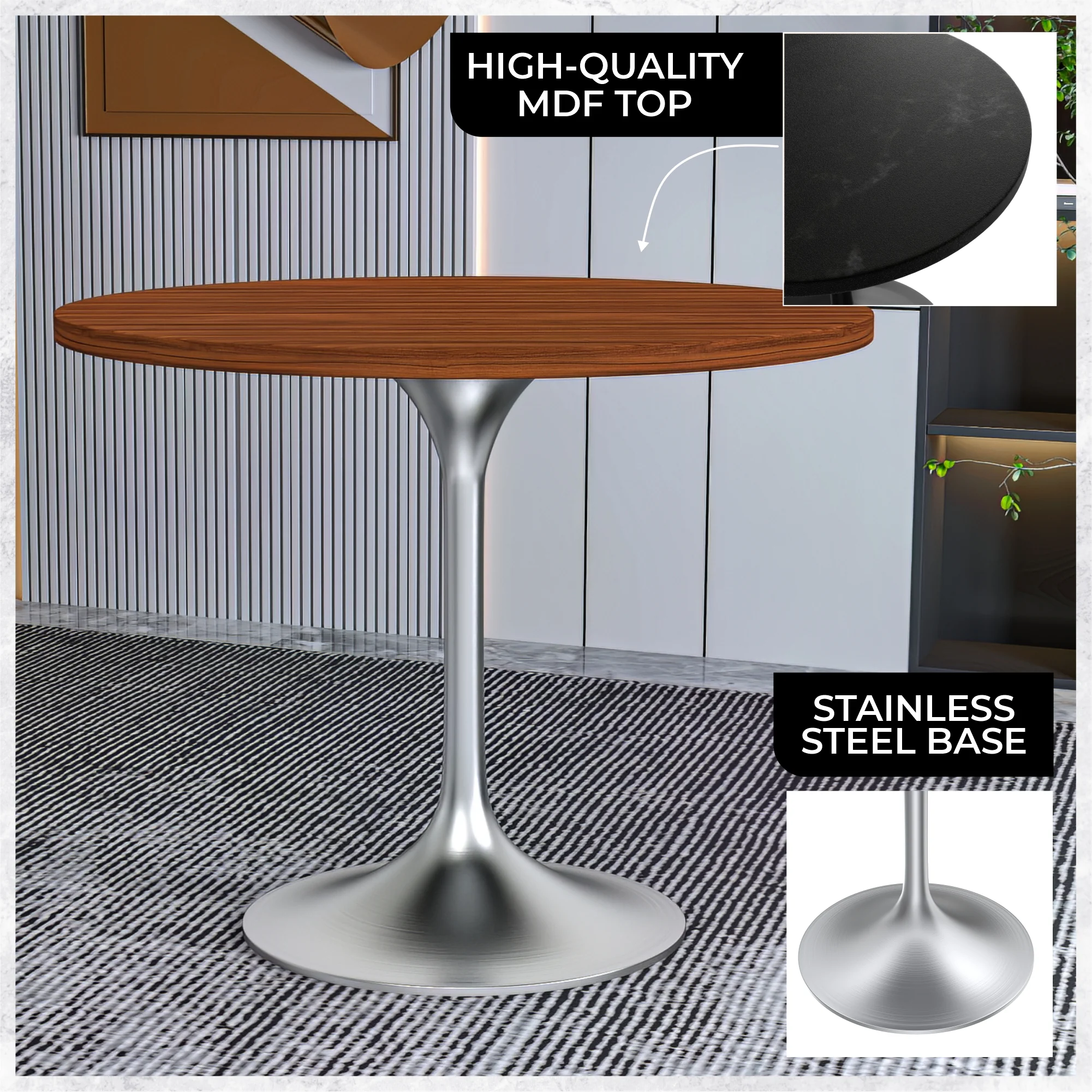 Verve Collection 36" Round Dining Table, Brushed Chrome Base with Cognac Brown MDF Top