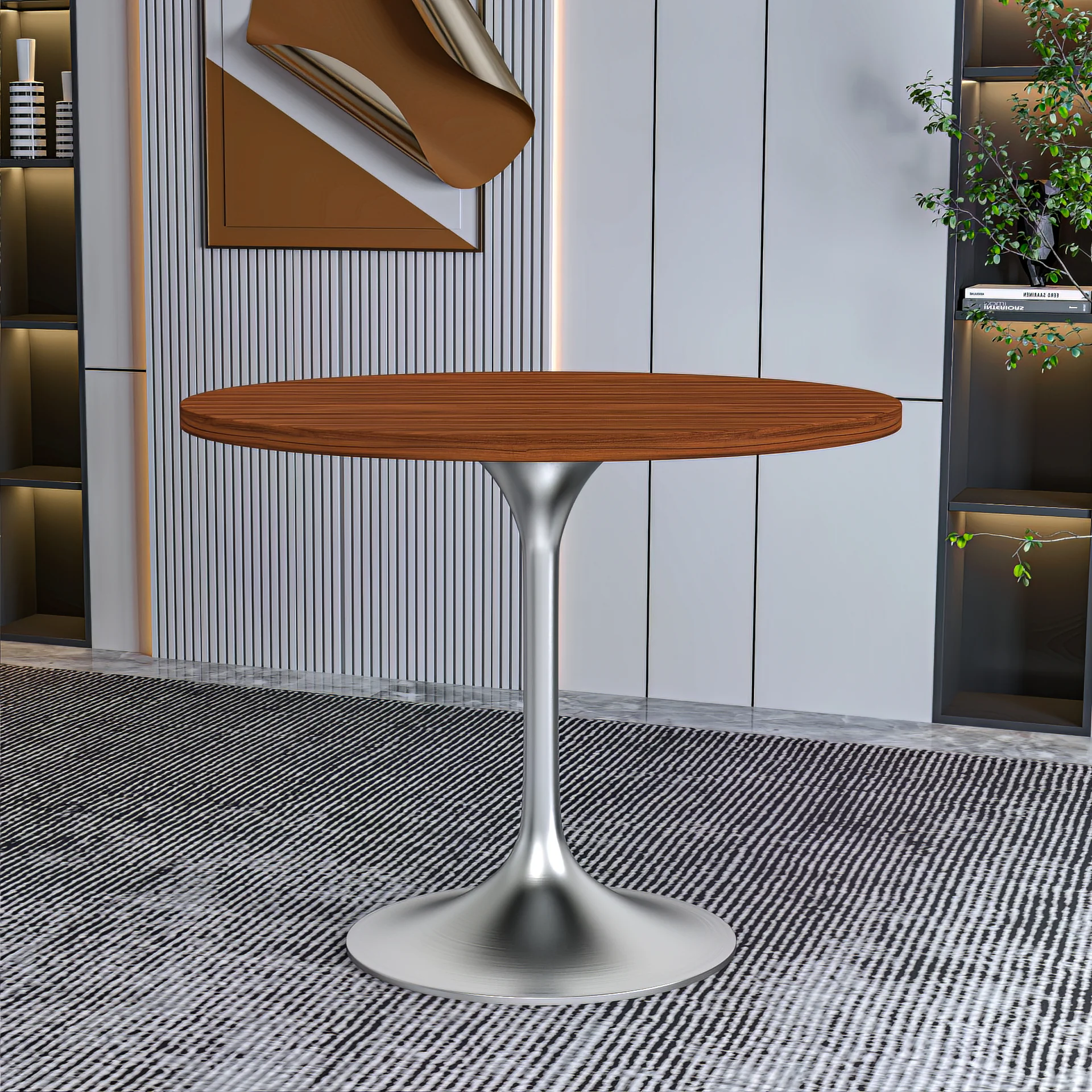Verve Collection 36" Round Dining Table, Brushed Chrome Base with Cognac Brown MDF Top