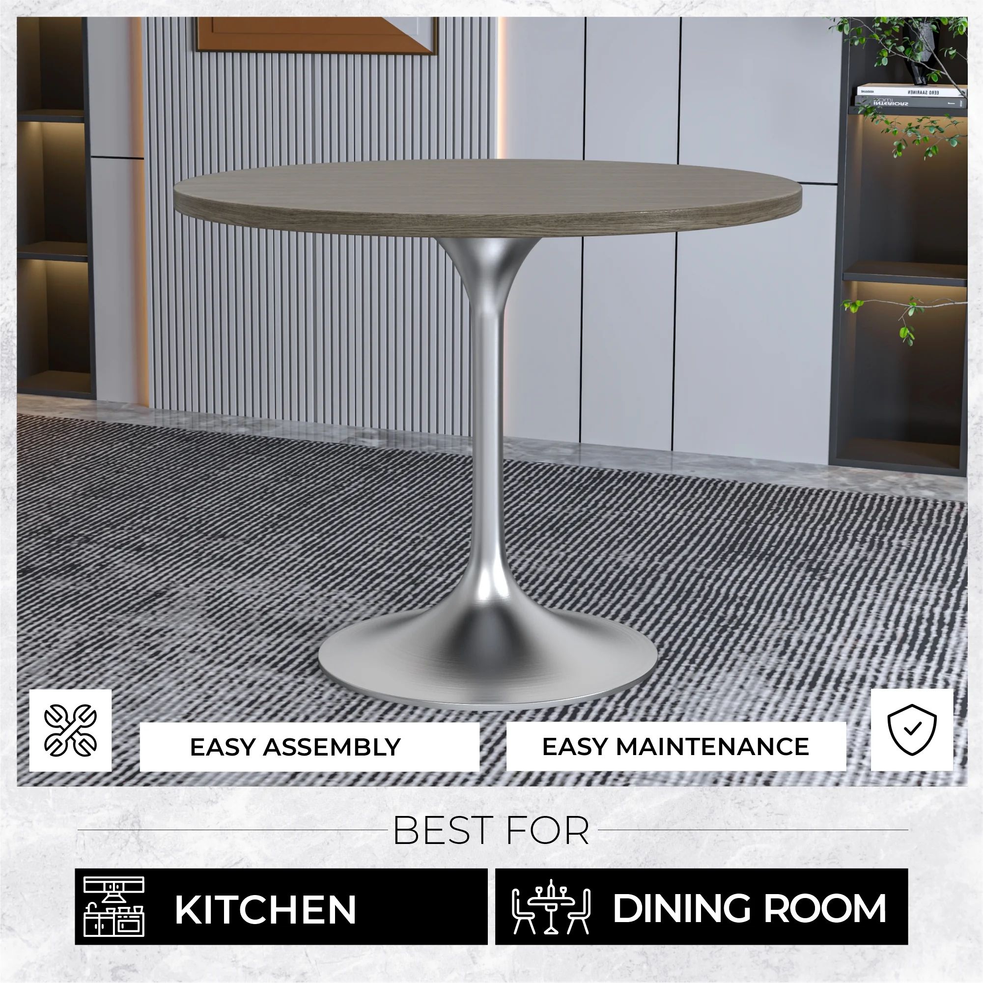 Verve Collection 36" Round Dining Table, Brushed Chrome Base with Dark Maple MDF Top