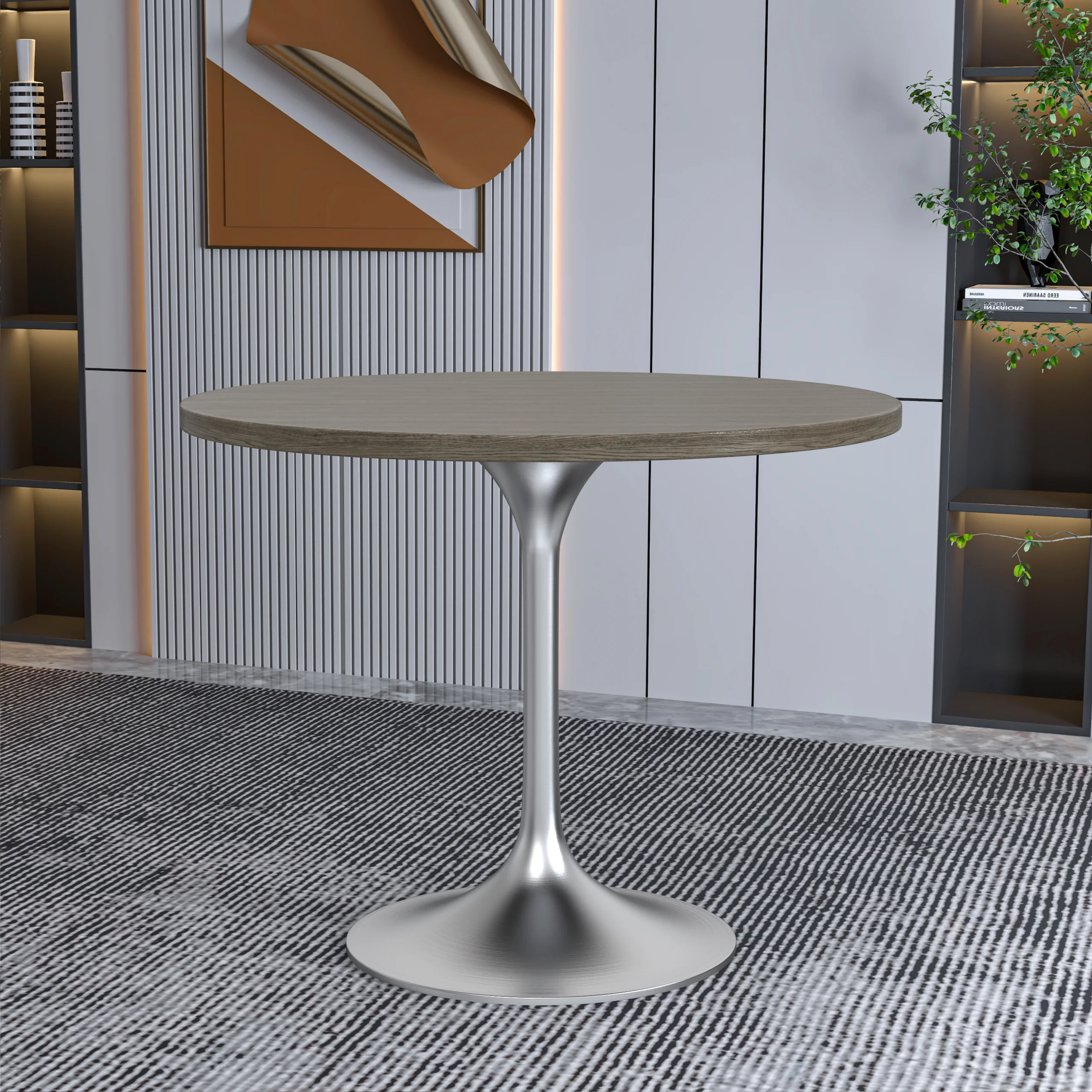 Verve Collection 36" Round Dining Table, Brushed Chrome Base with Dark Maple MDF Top