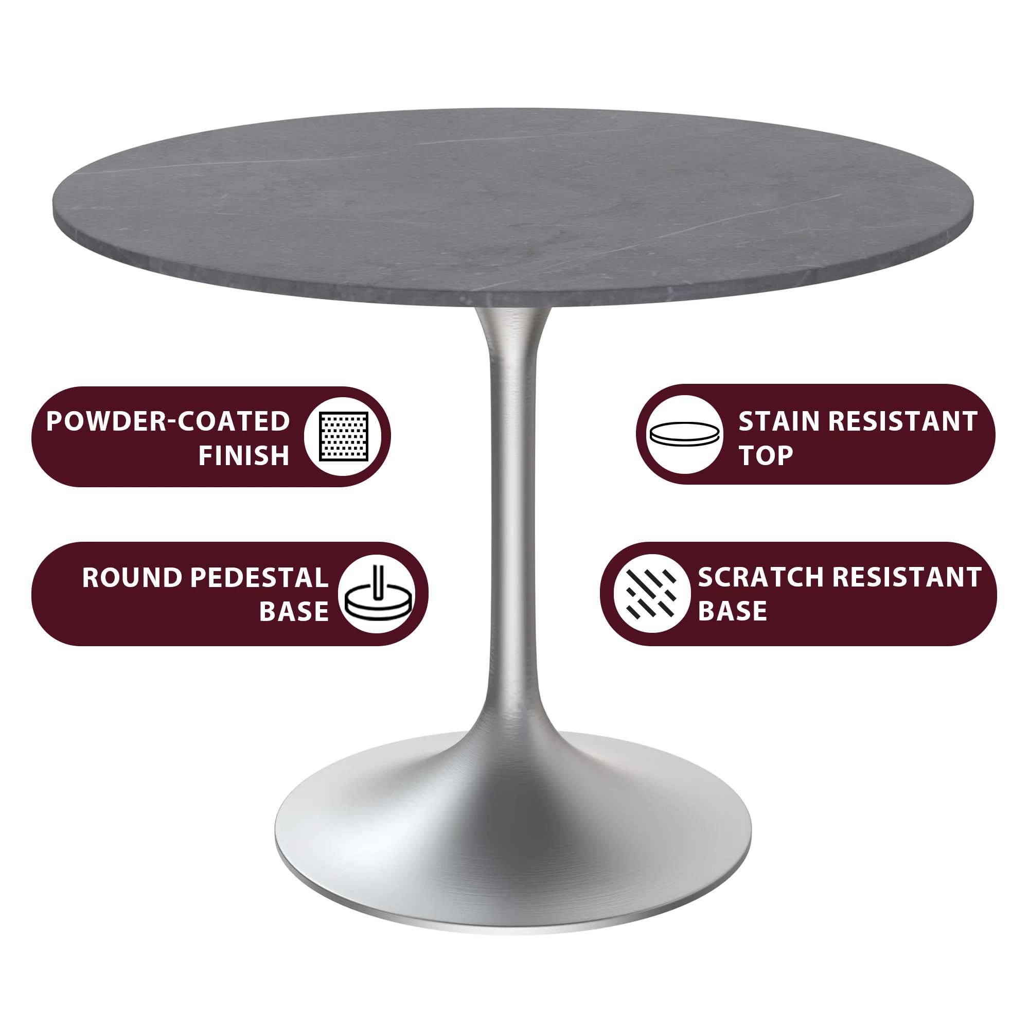 Verve Collection 36" Round Dining Table, Brushed Chrome Base with Sintered Stone Grey Top
