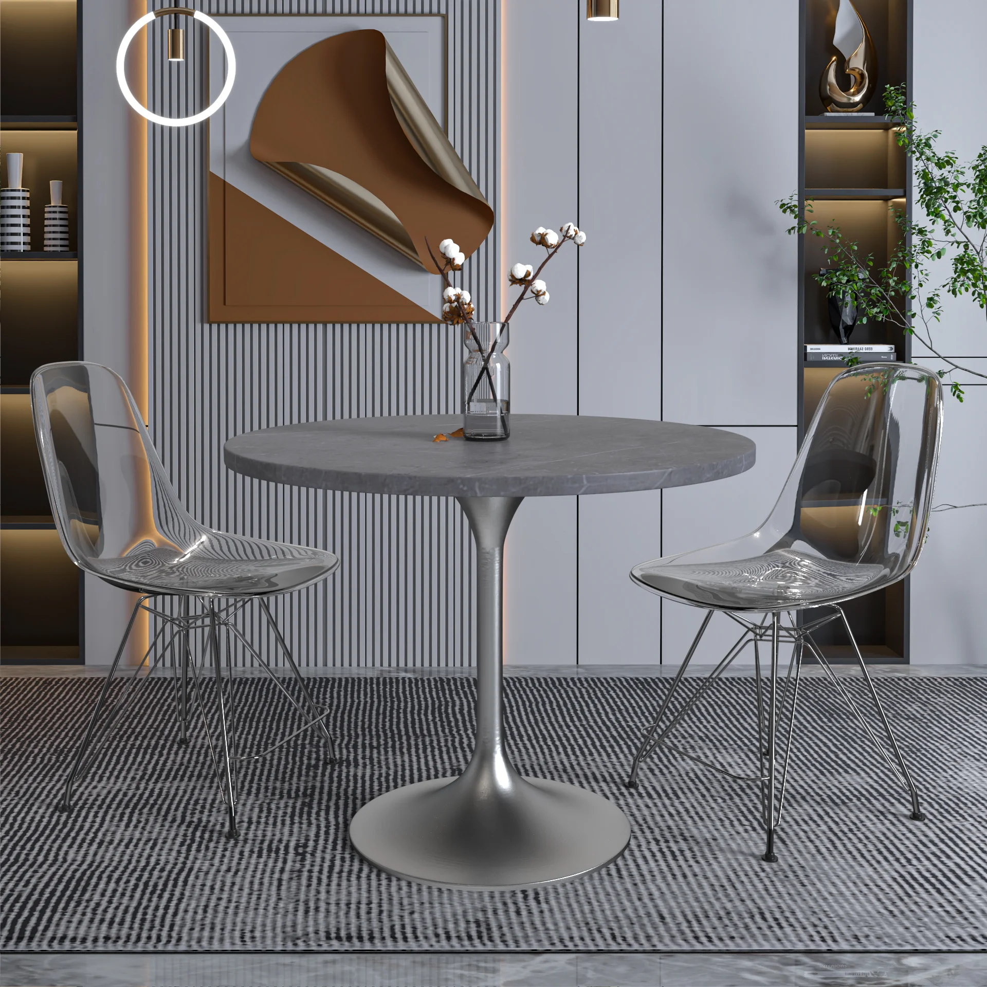 Verve Collection 36" Round Dining Table, Brushed Chrome Base with Sintered Stone Grey Top