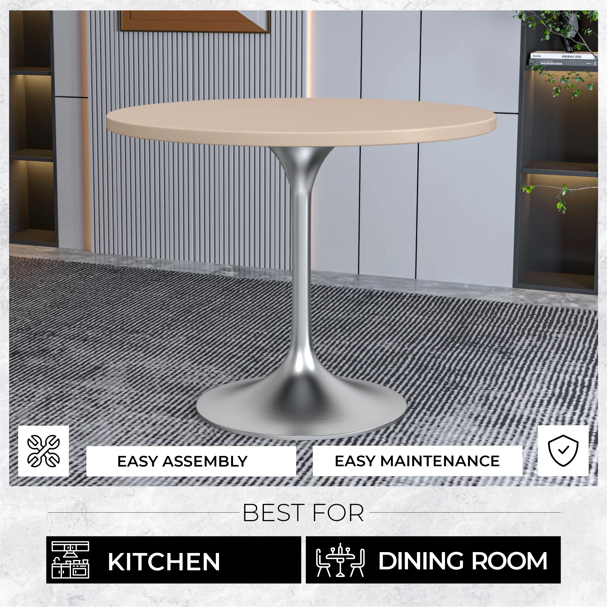 Verve Collection 36" Round Dining Table, Brushed Chrome Base with Light Natural Wood MDF Top