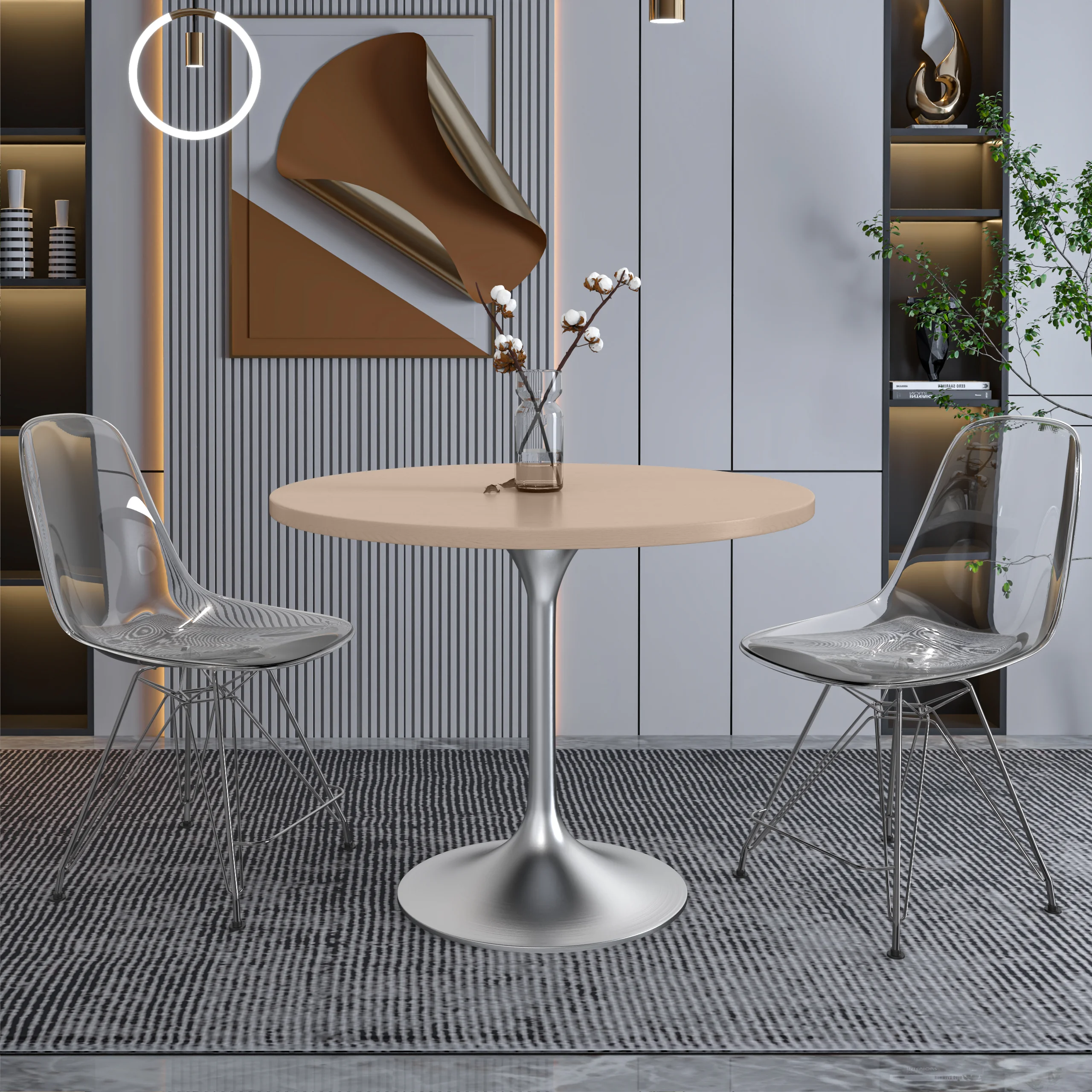 Verve Collection 36" Round Dining Table, Brushed Chrome Base with Light Natural Wood MDF Top