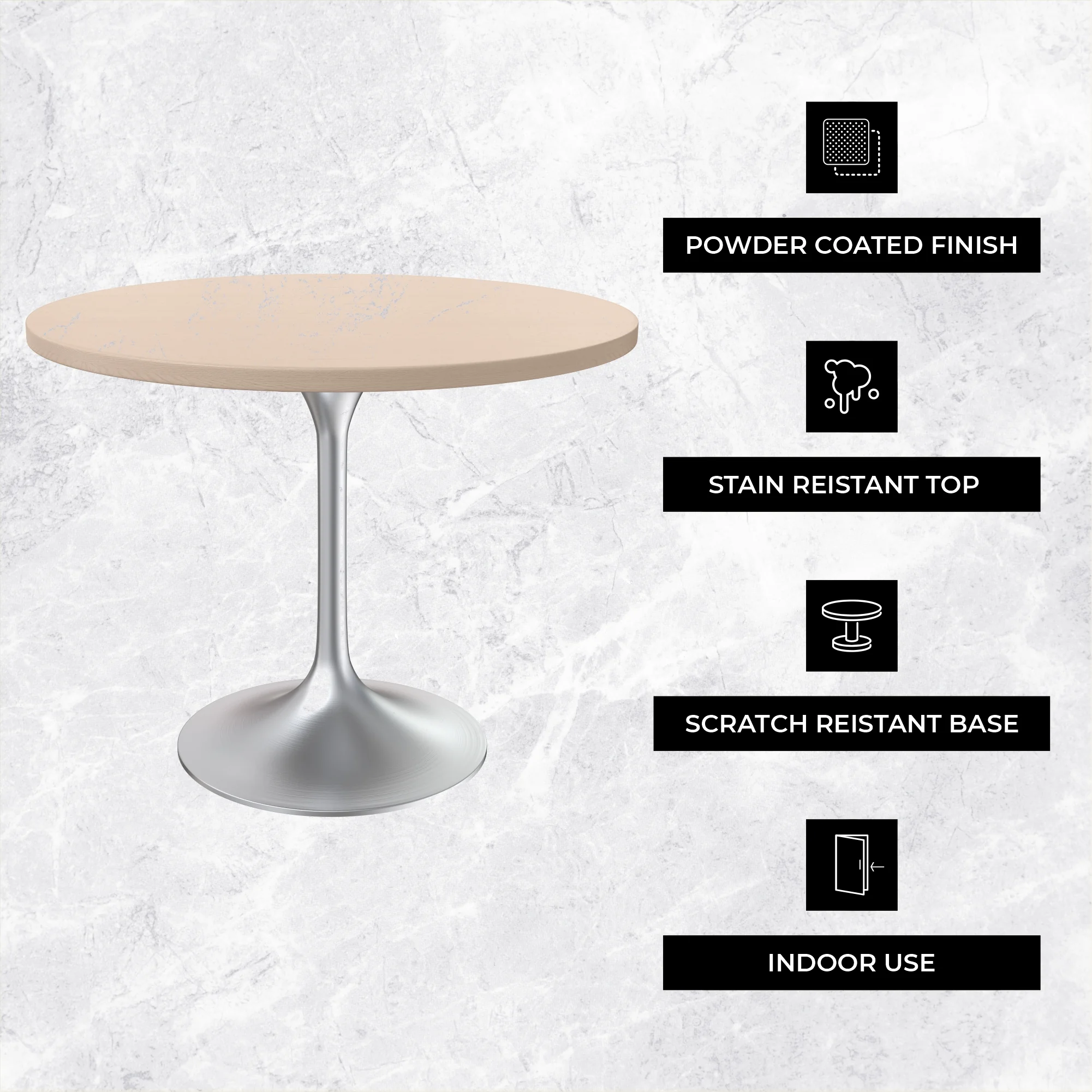 Verve Collection 36" Round Dining Table, Brushed Chrome Base with Light Natural Wood MDF Top