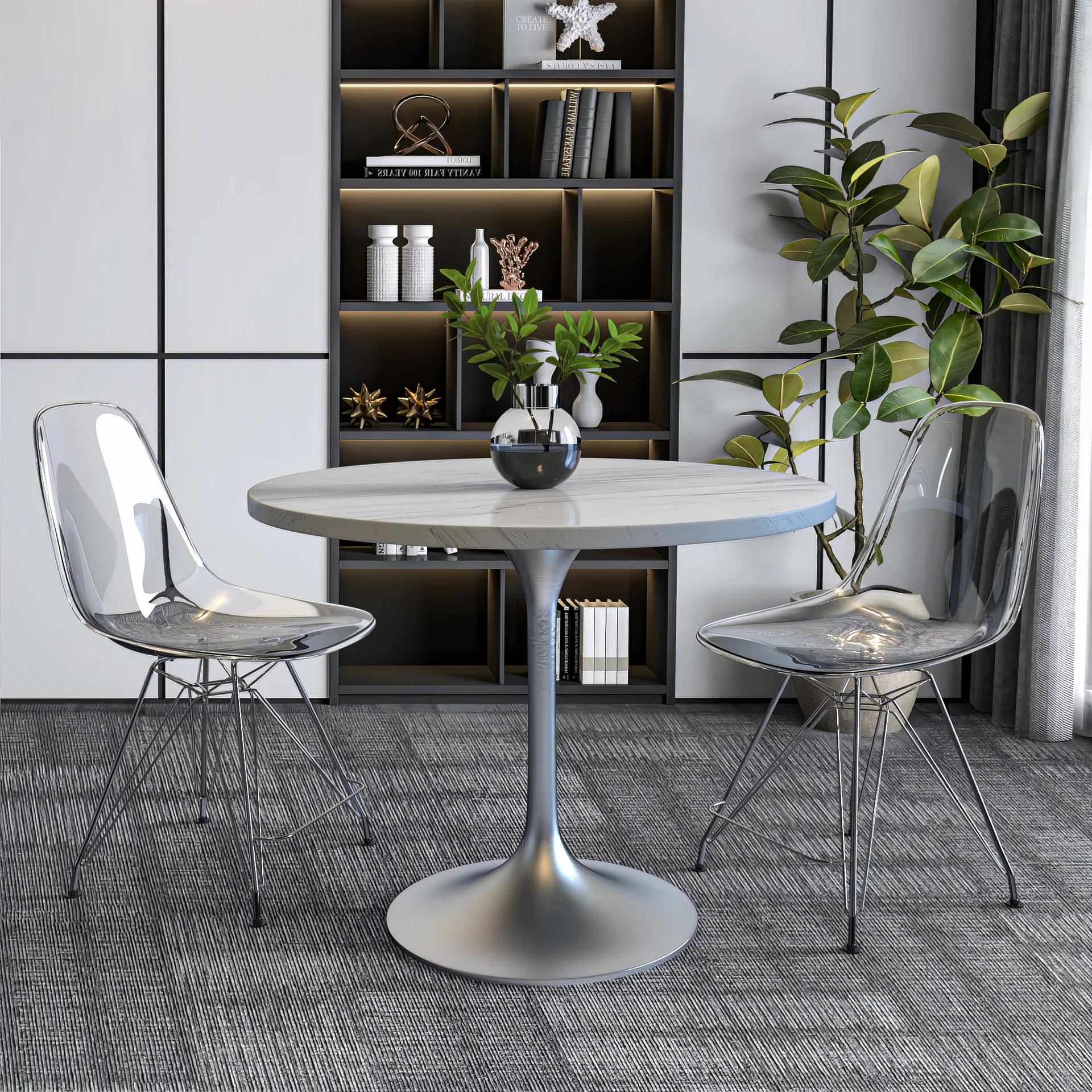 Verve Collection 36 Round Dining Table, Brushed Gold Base with Laminated White Marbleized Top